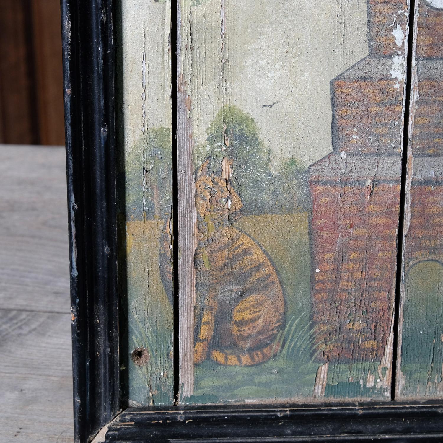 A 20th-century hand-painted tavern sign for The Clock Tower, previously The Clock House. Naively painted with a central brick structure set in a rural landscape and surmounted by a bell and weathervane and two large cats seated either side. Losses