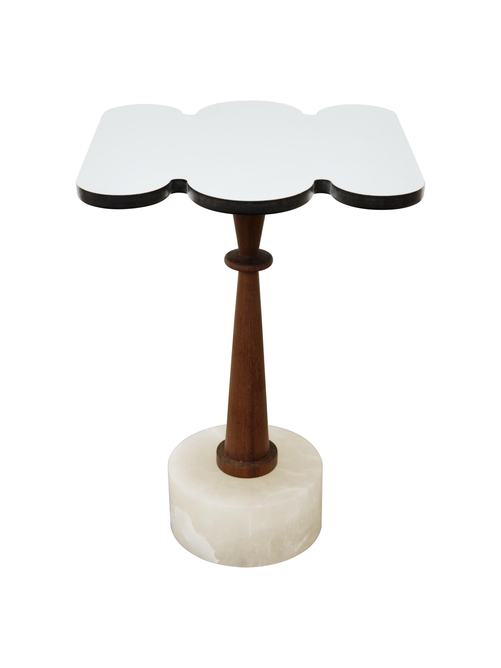 Minimalist Cloud, Side Table, Alabaster Base, Iroko Wood, Mirror Finished Aluminum Top