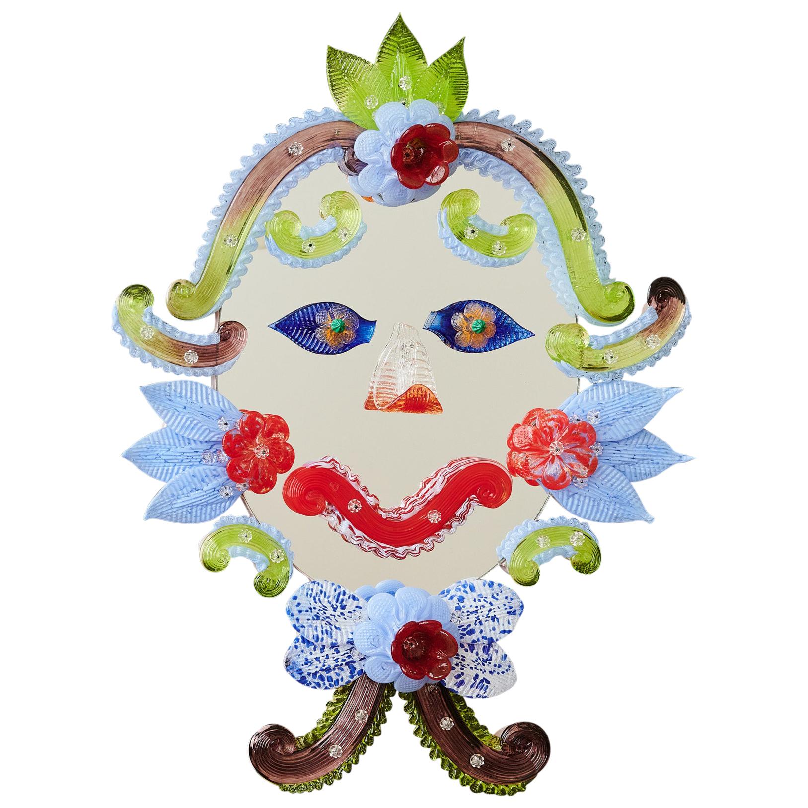 'The Clown' Riotously Colorful Murano Glass Venetian Mask Mirror (Lucia Massari) For Sale
