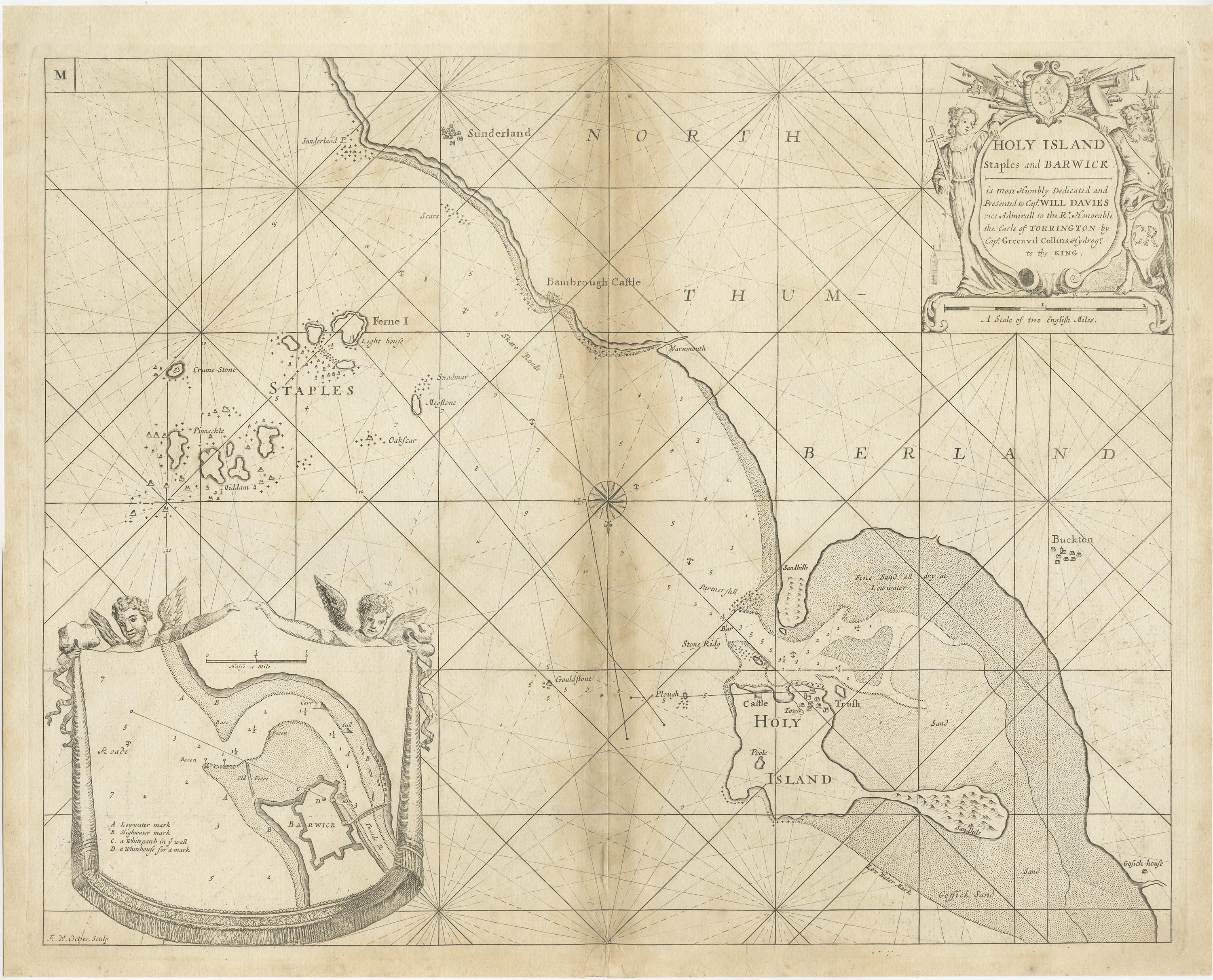 Antike Karte mit dem Titel 'Holy Island, Staples und Barwick' 

Eine Karte der Küste von Northumberland, England. Diese Karte umfasst Holy Island, Buckton, Sunderland und die Farne-Inseln. Die Karte enthält Peilungen, Ankerplätze, Untiefen und