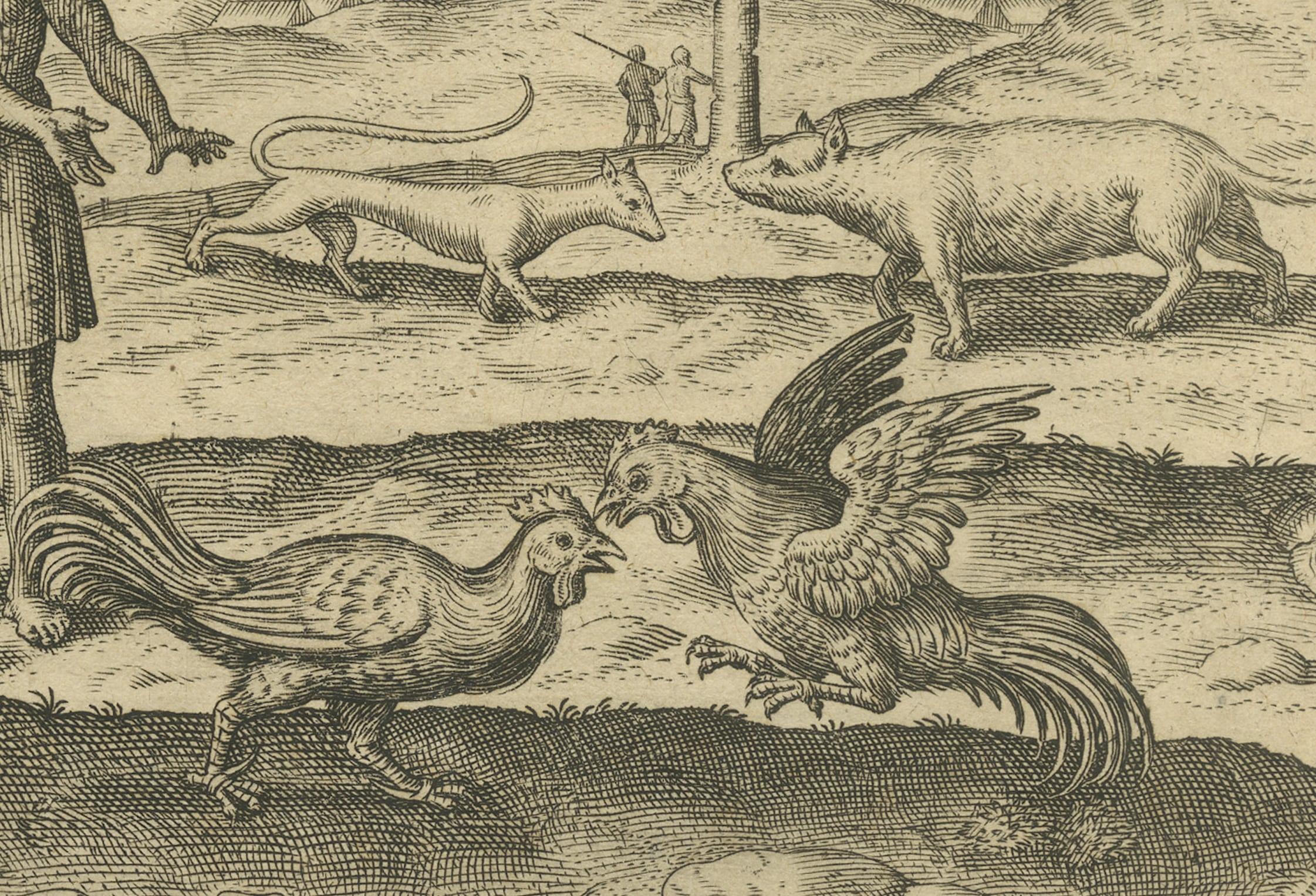 Paper The Cockfight of Java: A 1601 de Bry Engraving of Cultural Pastimes For Sale