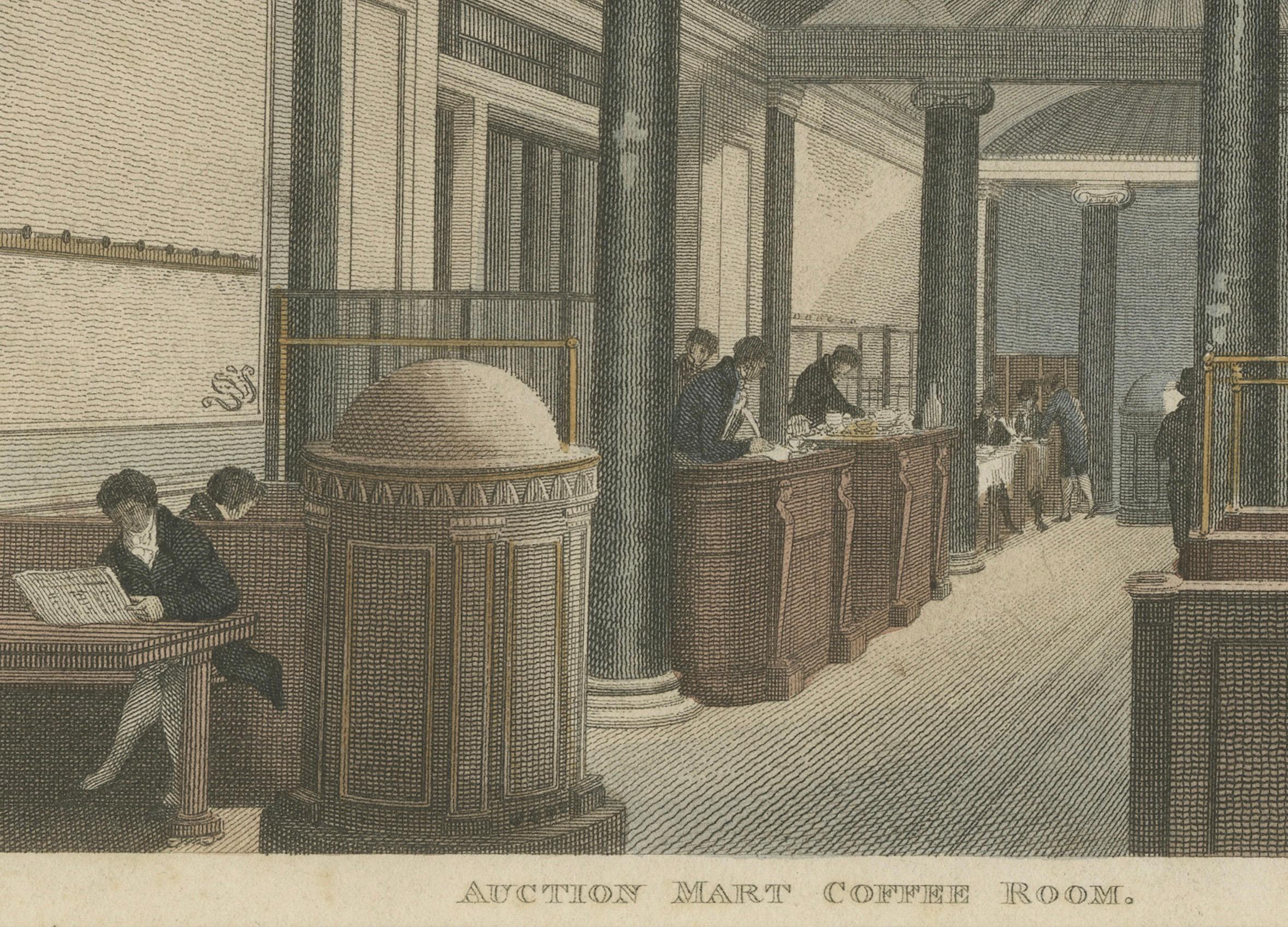 Title: *The Coffee Room at the Auction Mart, Bartholomew Lane, London – 1811*

This hand-colored engraving depicts the interior of the Coffee Room at the Auction Mart in Bartholomew Lane, City of London, as it appeared in 1811 during the Regency