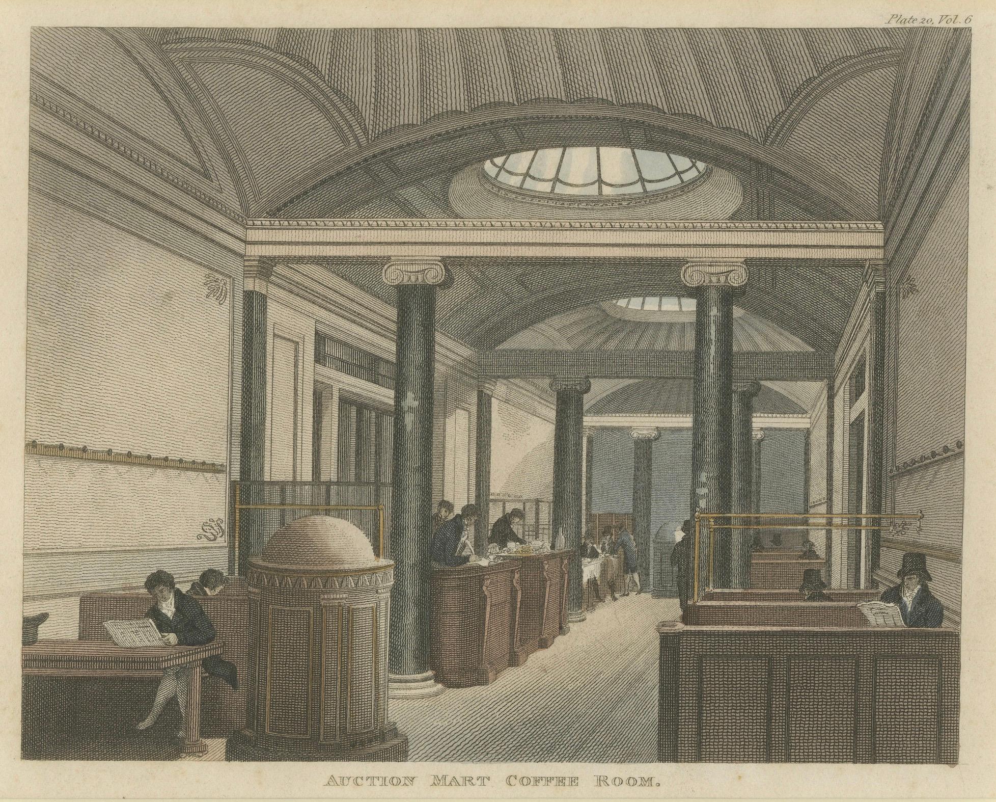 Engraved The Coffee Room at the Auction Mart, Bartholomew Lane, London – 1811 For Sale