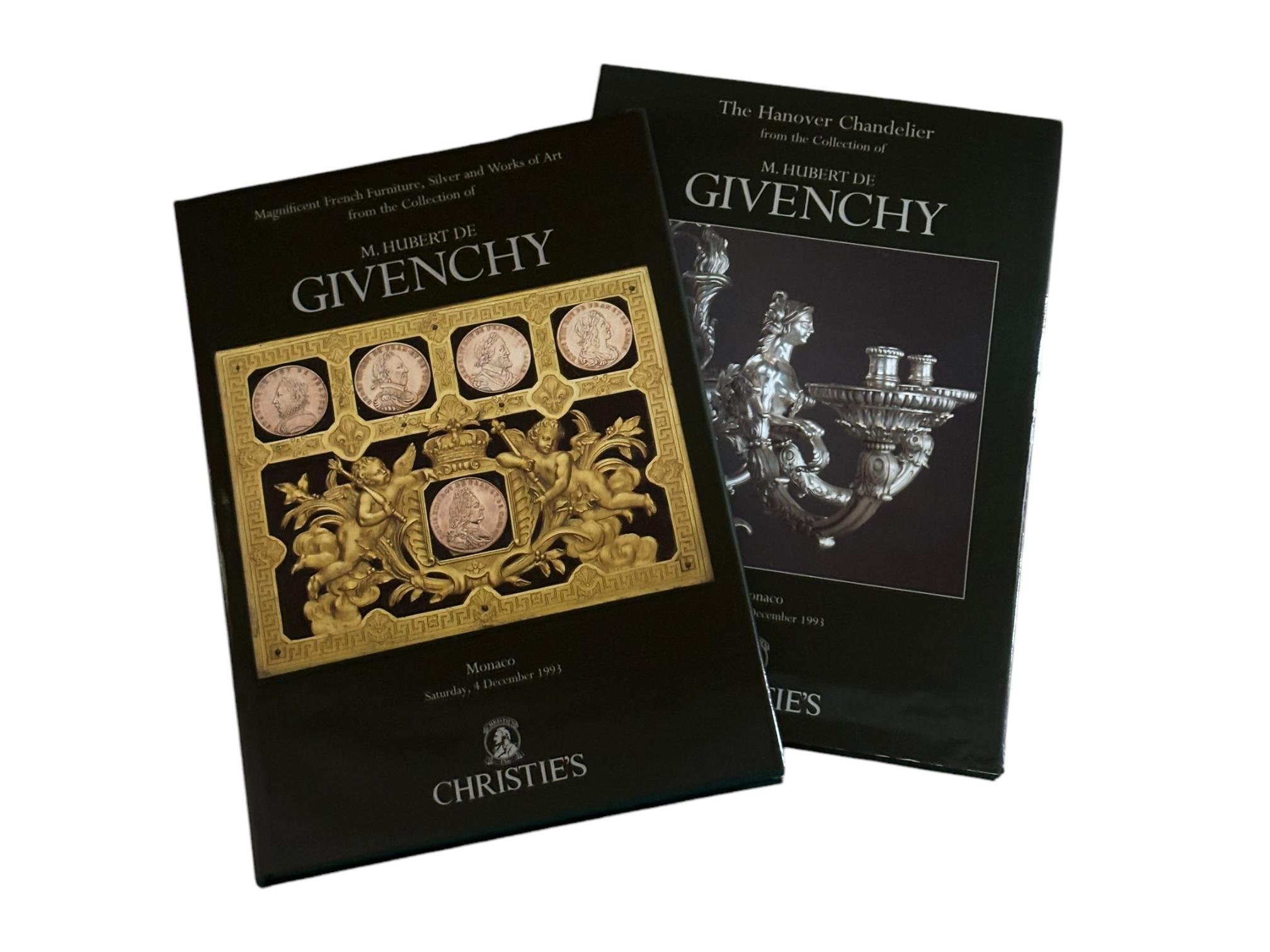 The Collection of M. Hubert Givenchy - 1993 Christie's Monaco Auction Catalog. Two hardcover books with dustjackets are presented in a green fabric covered slipcase. One book contains French Furniture, Silver, and Works of Art. The other is