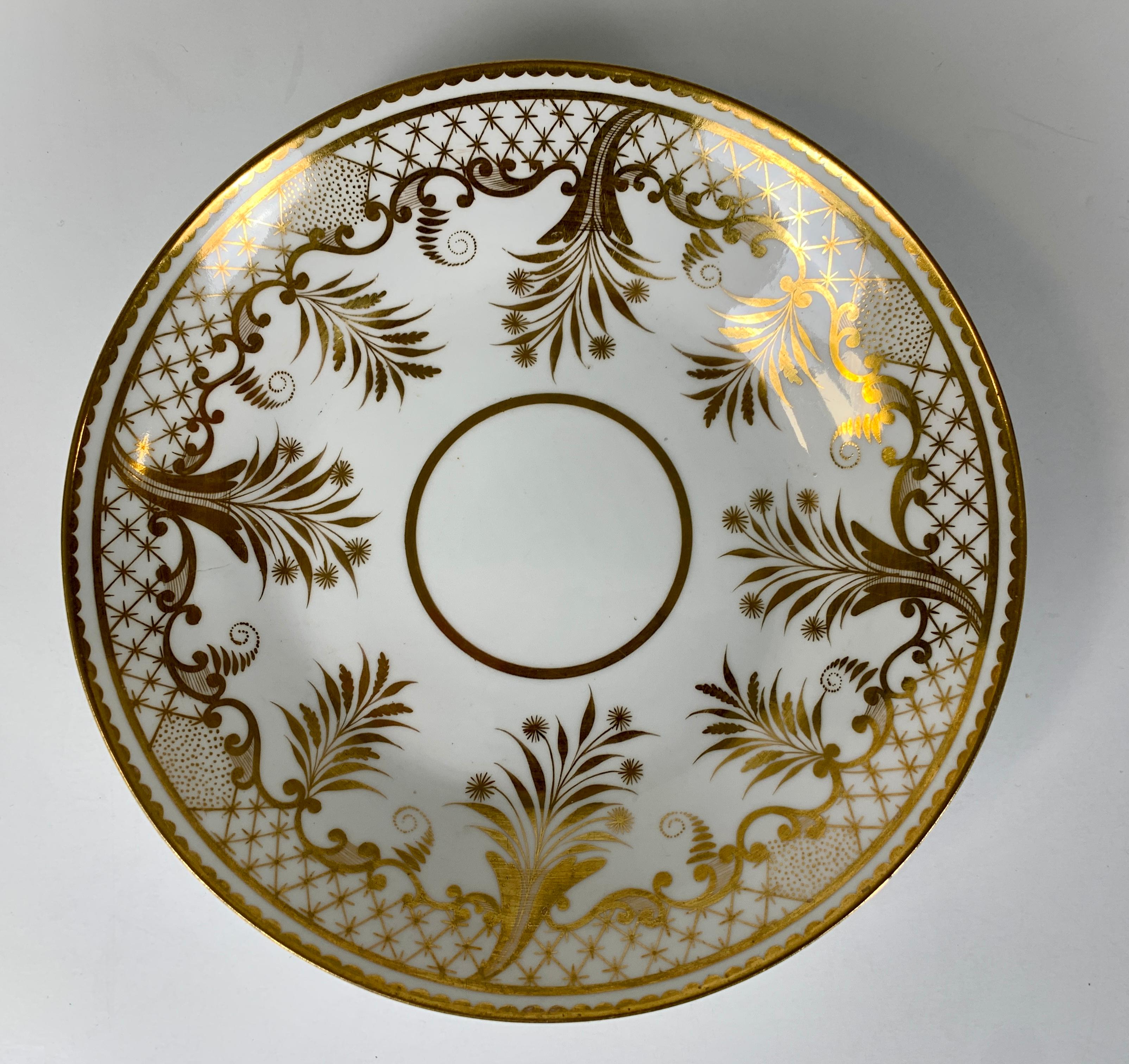 Provenance: The Private Collection of Mario Buatta a pair of white and gold dishes
Made in England, circa 1820
These beauties have a gilded edge with a dentil decoration, a border of 