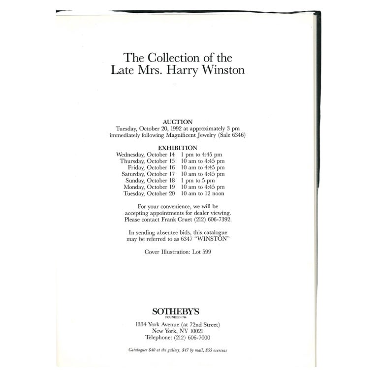 Sothebys Catalogue: The Collection of the Late Mrs Harry Winston, 1992 (Book) For Sale