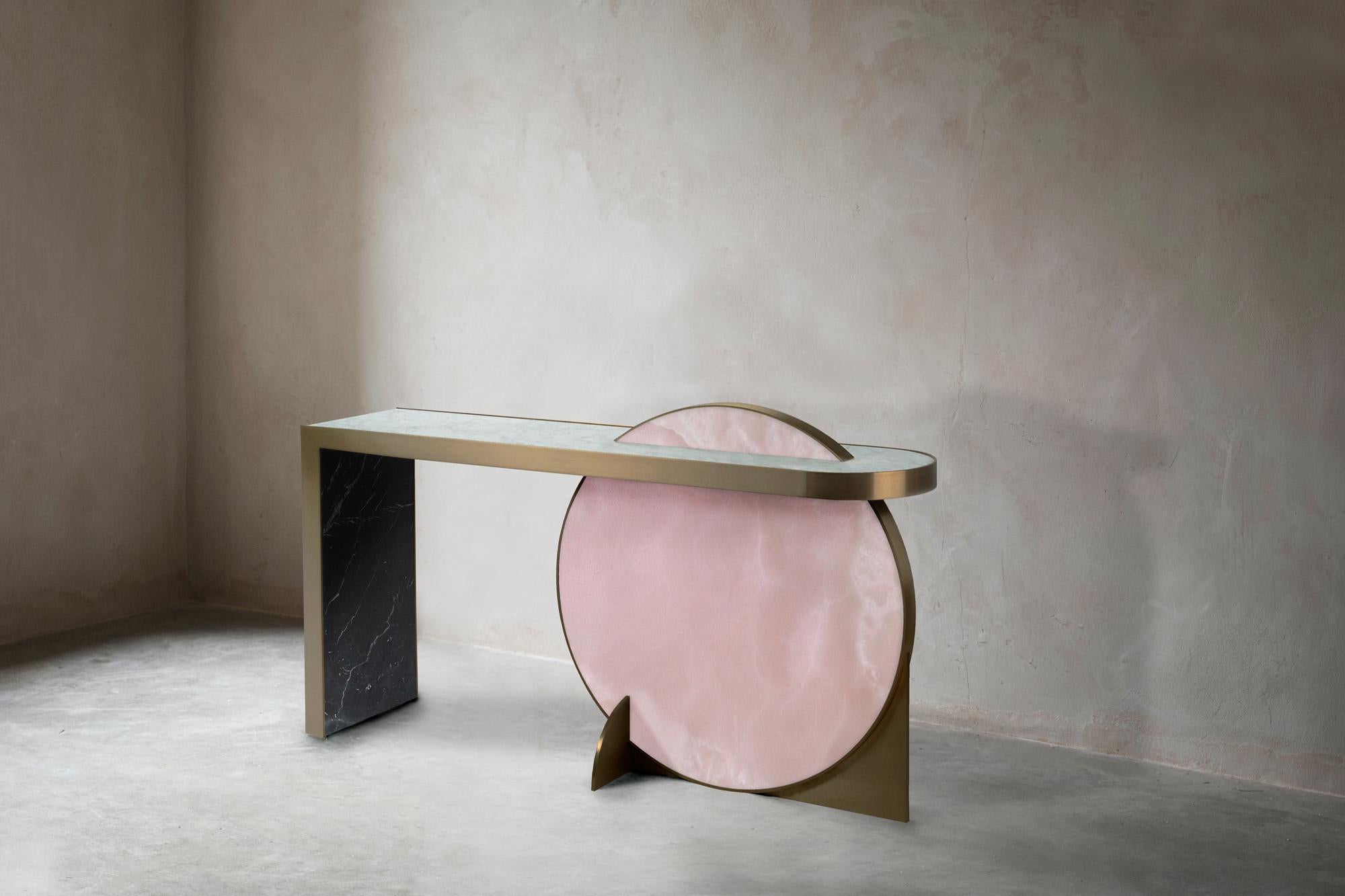 The Collision Console Carrara Marble and Brushed Brass, Pink Onyx by Lara Bohinc In New Condition For Sale In Holland, AMSTERDAM