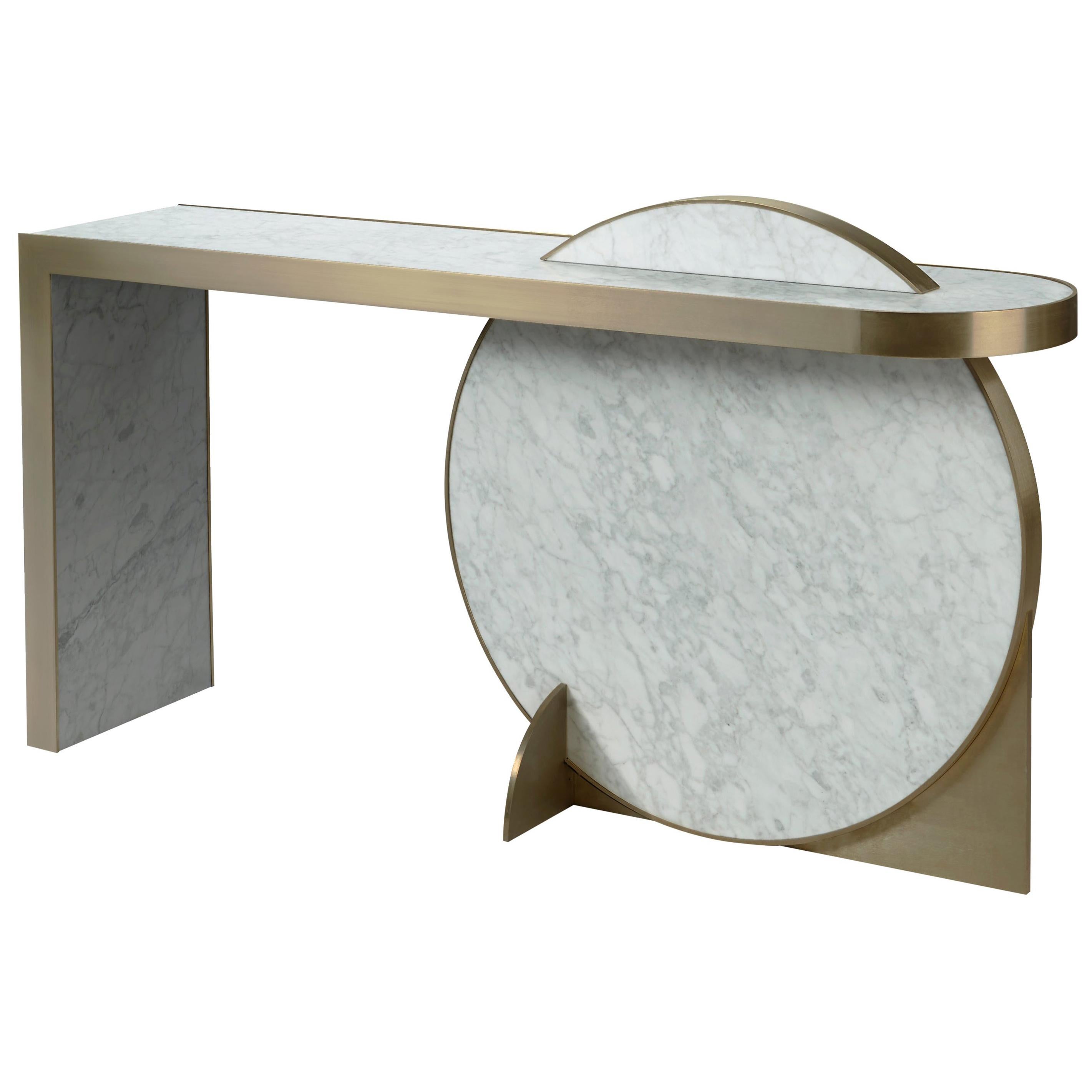 The Collision Console Carrara Marble and Brushed Brass, Snow, by Lara Bohinc