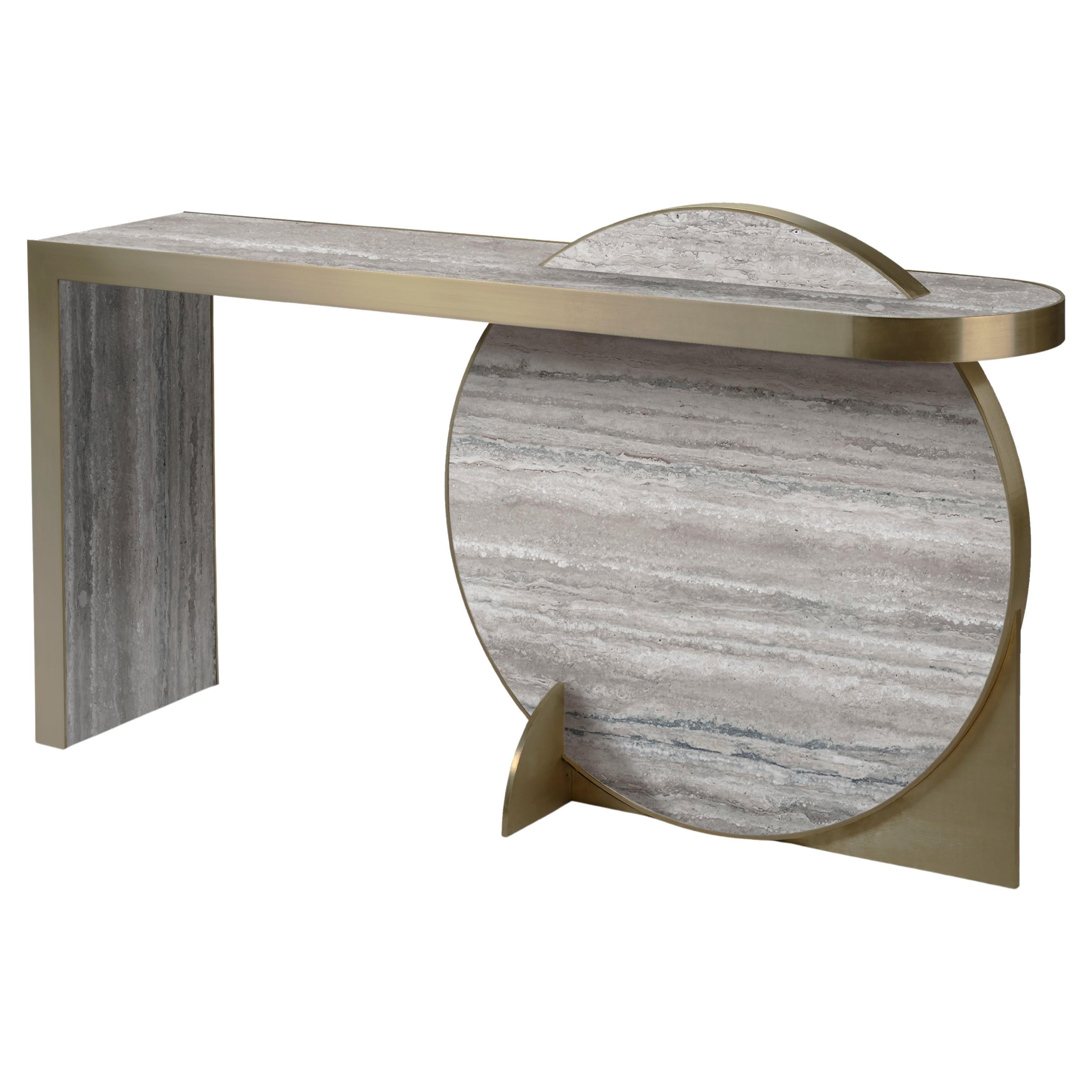 Inspired by the planets and their orbital movements, a recurrent theme in Lara Bohinc’s work, the Lunar Collection features important pieces of furniture, with highly-figured marbles set like jewels within golden rims. Disc shapes bisect or overlay