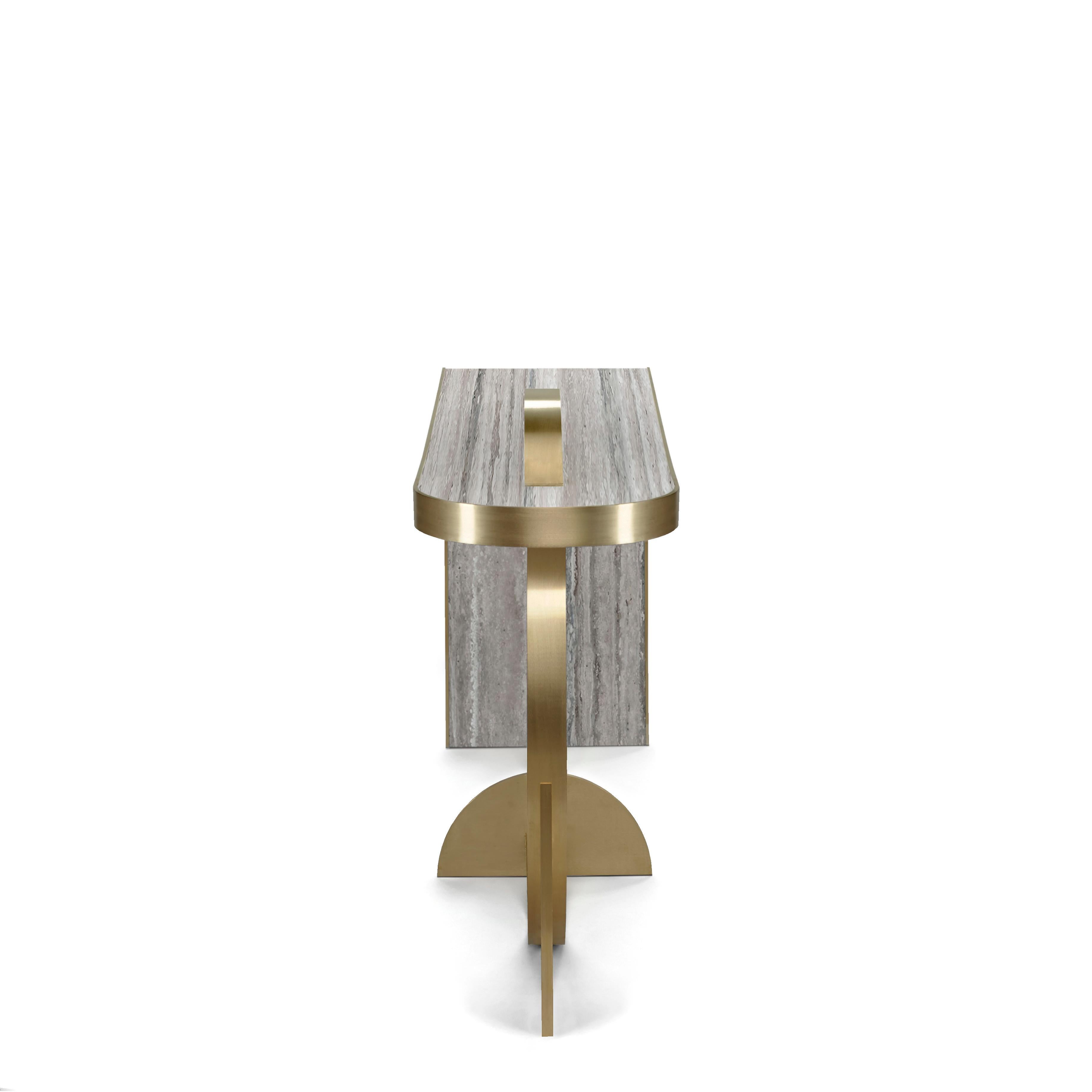 Modern The Collision Console Travertine Marble Brushed Brass Geometric by Lara Bohinc For Sale