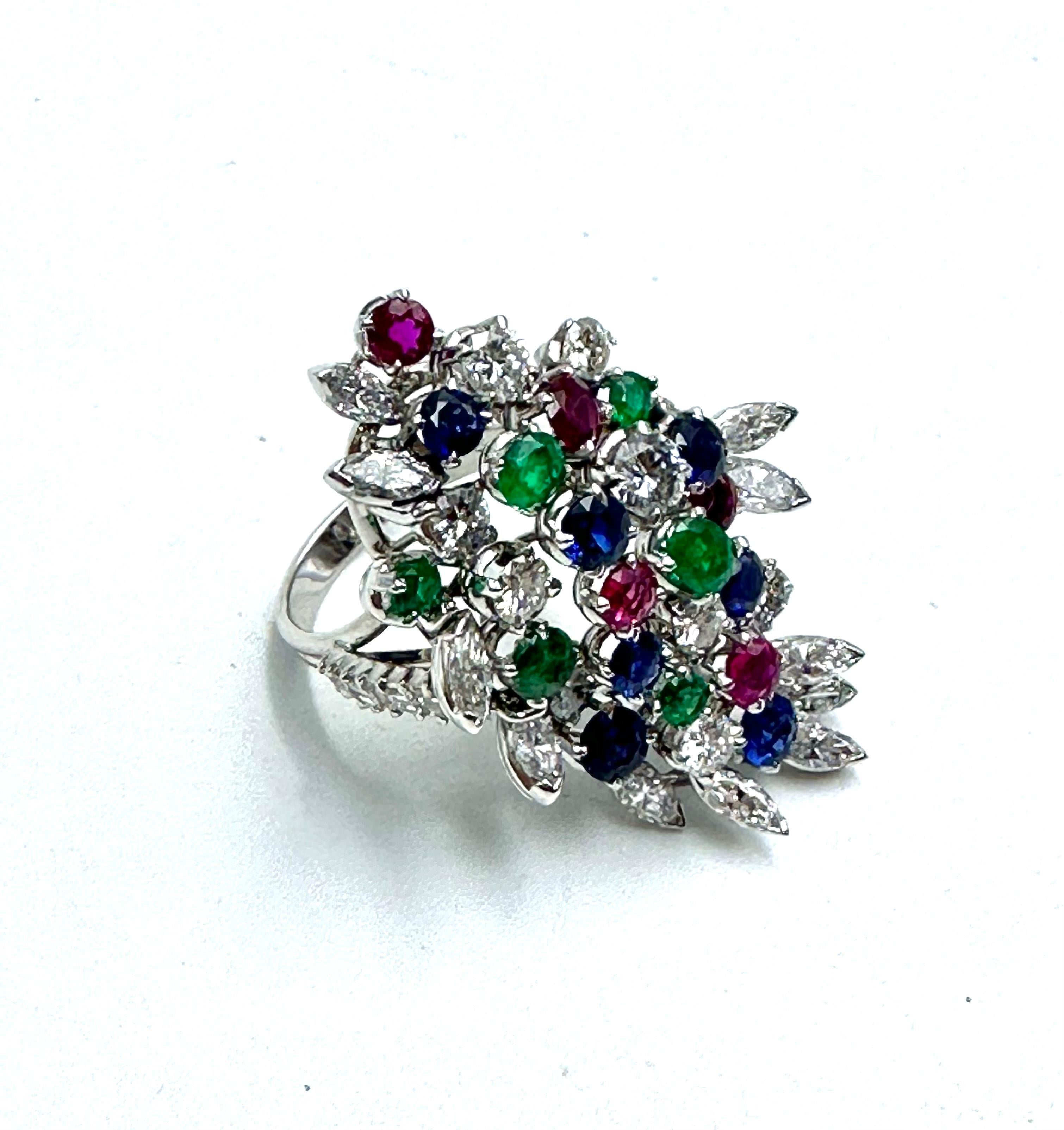 Exclusive unique piece project from the Fifties.
Huge and gorgeous platinum ring. italian production.
It bears diamonds (ct. 4,00), emeralds (ct. 1,20), rubies (ct. 1,10) and sapphires (ct. 2,00).
Size US 7,75
Weight 17,35 gr.