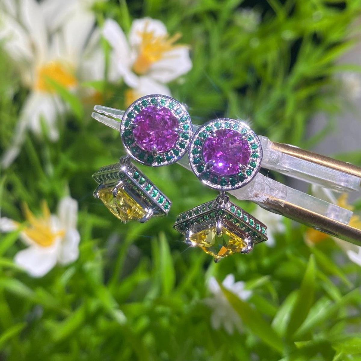 Mixed Cut The Colour Block Purple and Yellow Sapphire Earrings, 10kt White Gold For Sale