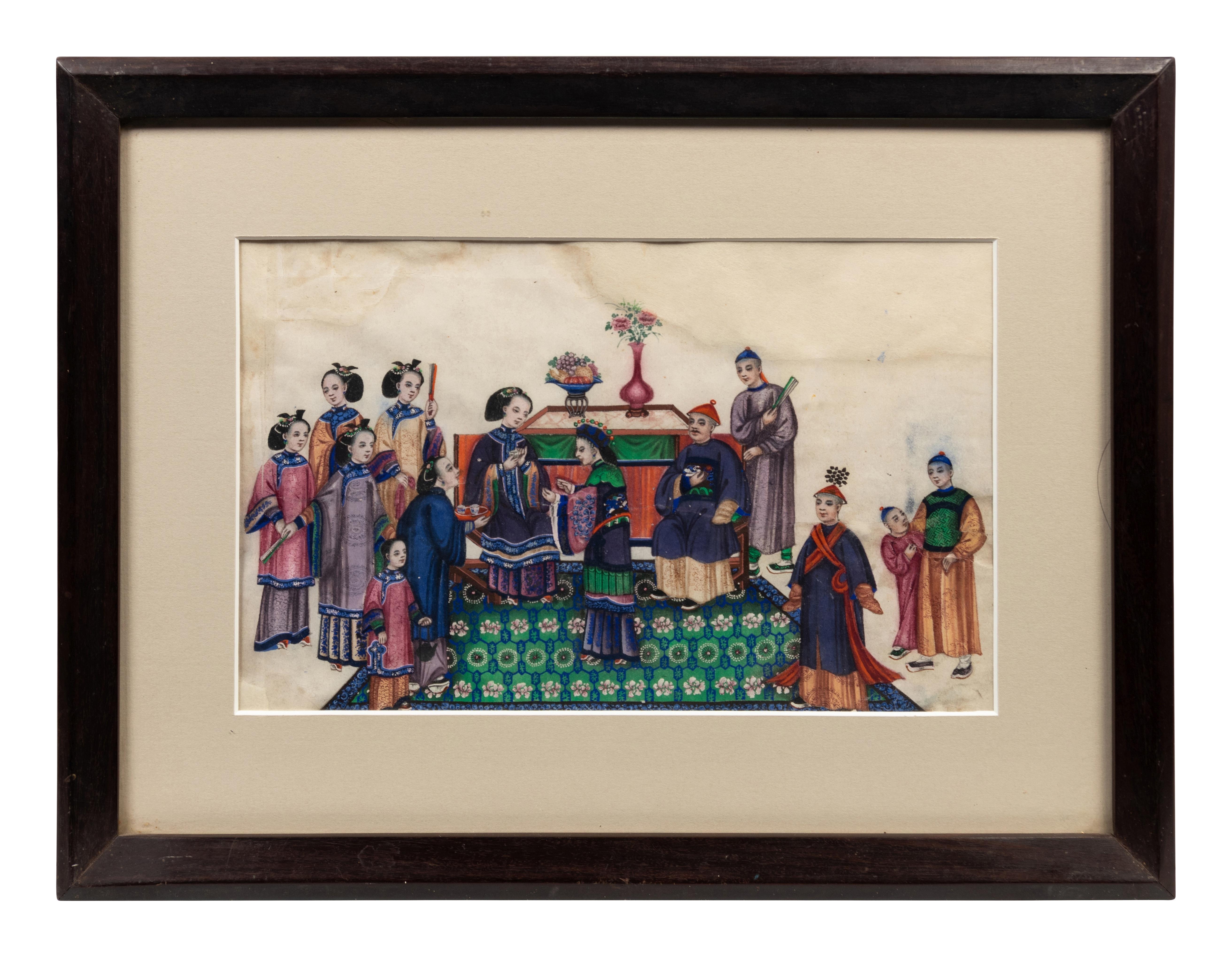 Papier Ensemble complet de douze peintures en tissu d'exportation chinoise encadrées en « ébène solaire »  en vente