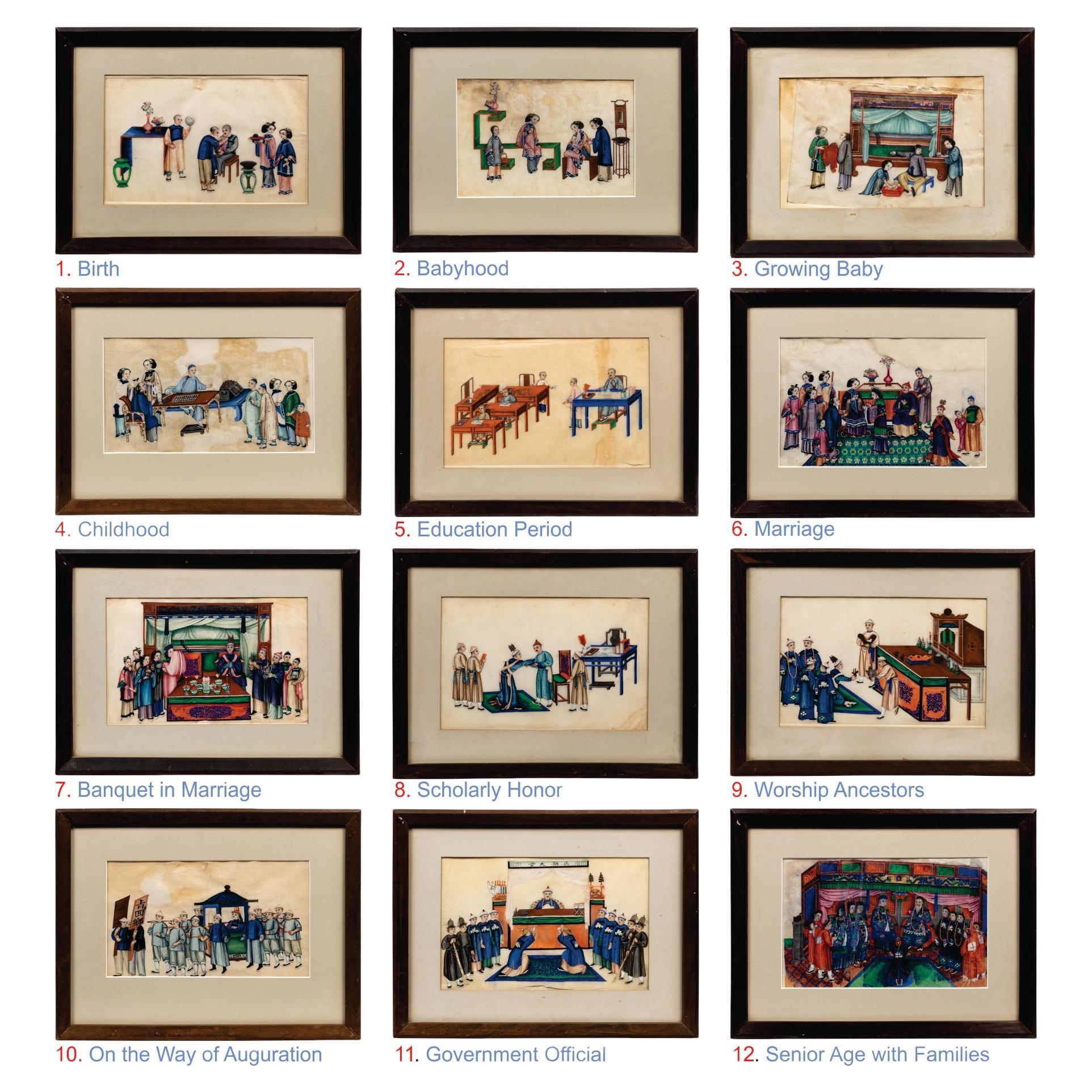 Complete Set of Twelve Chinese Export Pith Paintings Framed in "Solid Ebony"  For Sale