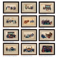 Complete Set of Twelve Chinese Export Pith Paintings Framed in "Solid Ebony" 