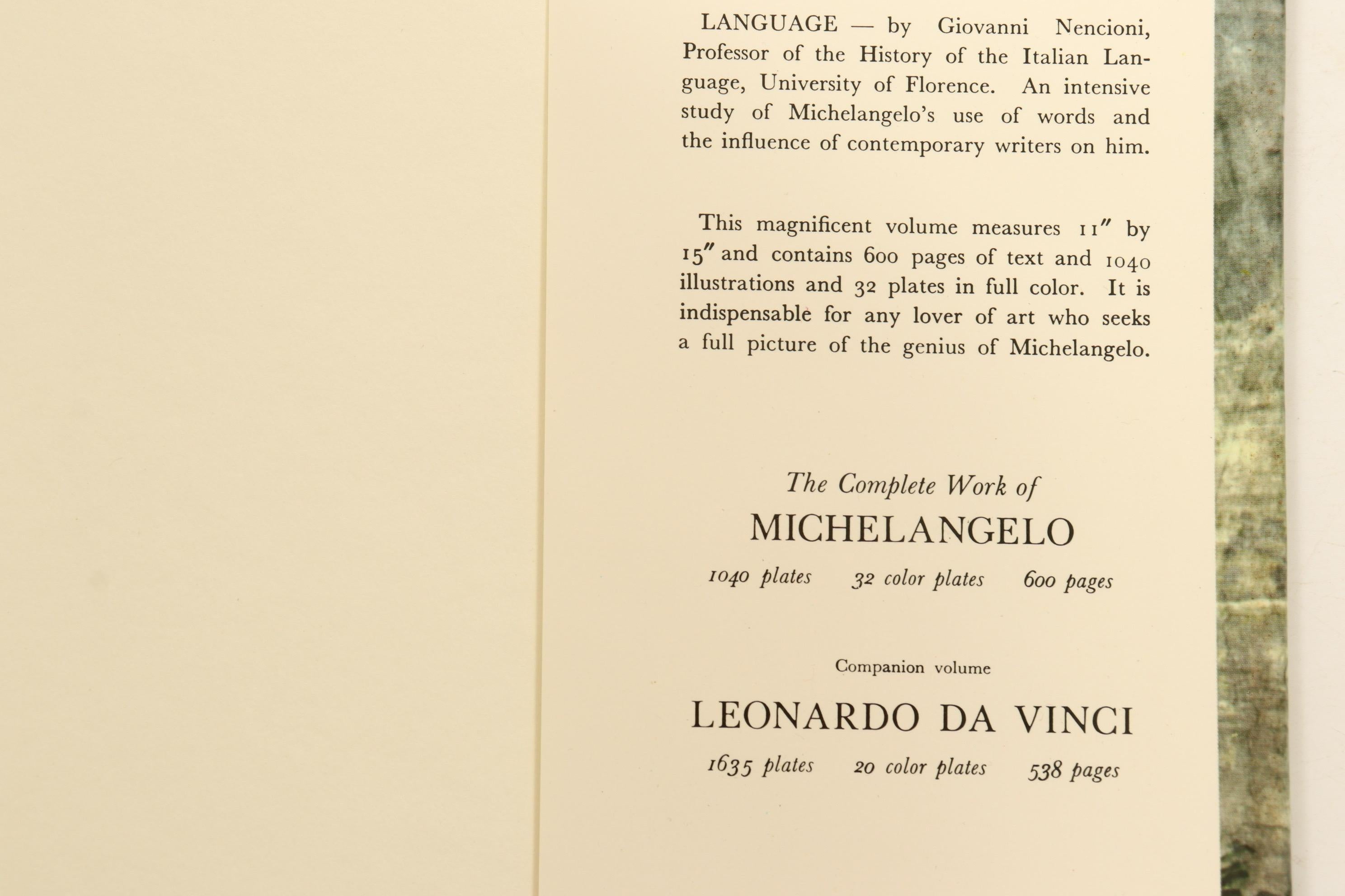 The Complete Work of Michelangelo. An Artabras book published by Reynal and Company in association with William Morrow and Company of New York. Printed in Japan, 1040 plates, 32 color plates, 600 pages.