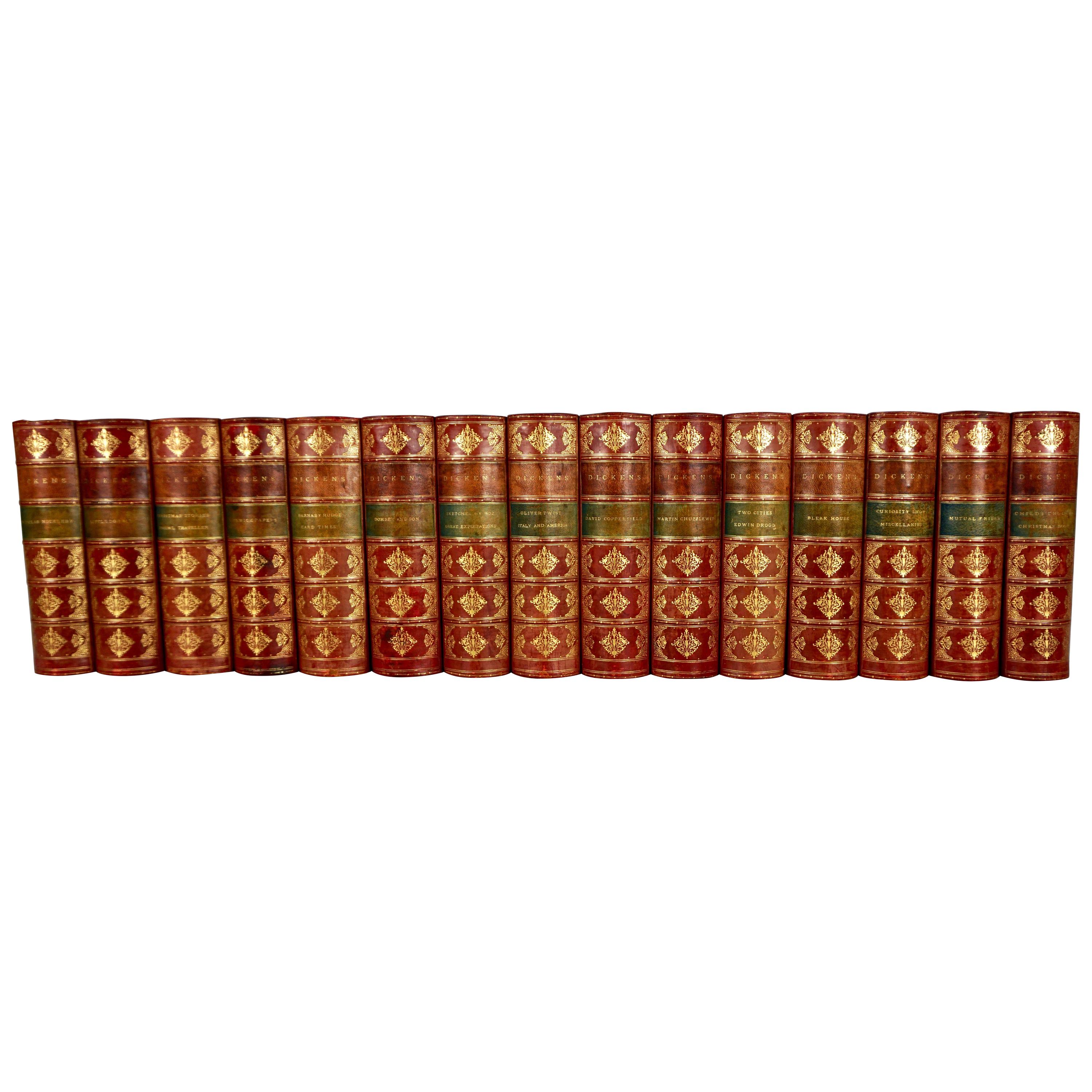 The Complete Works of Charles Dickens Bound in Red Leather and Marbleized Paper