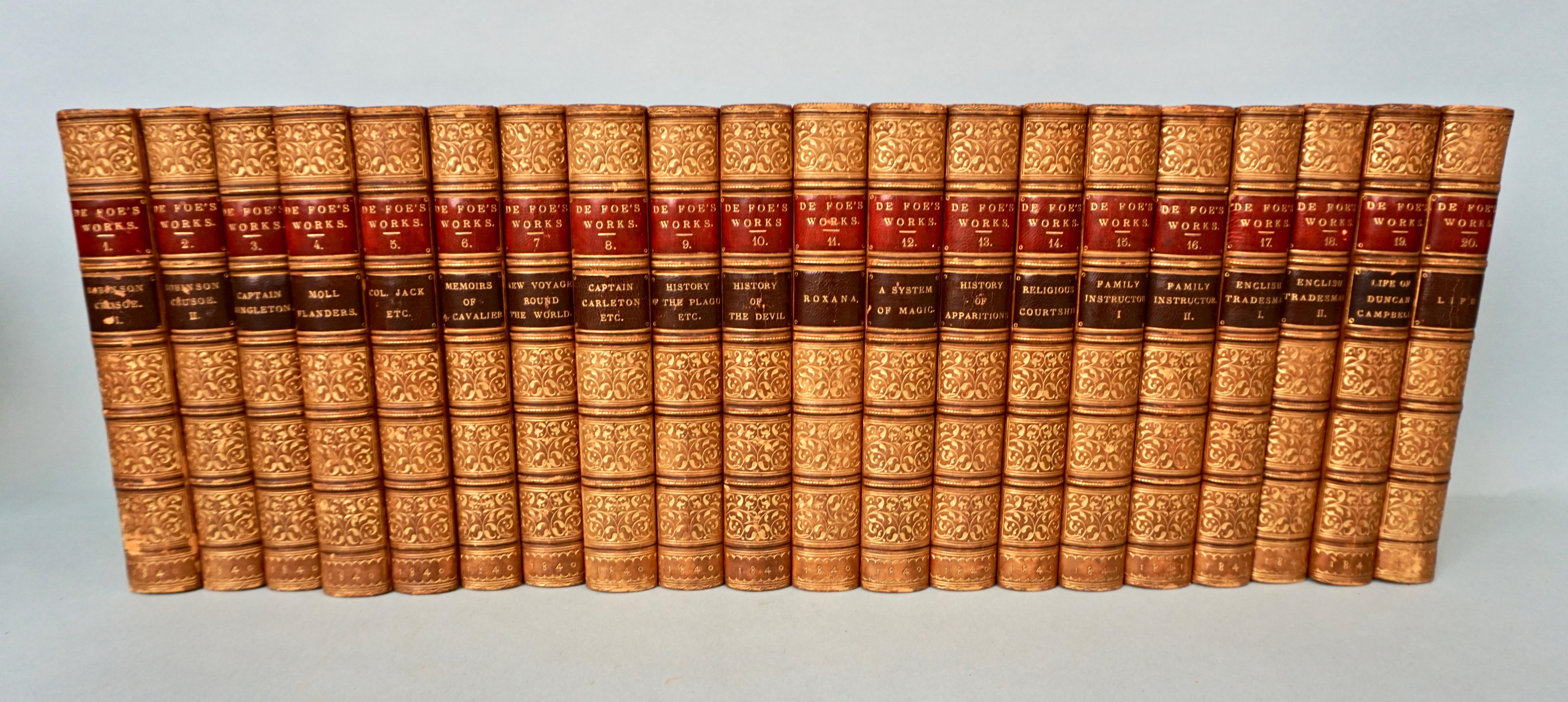 The Novels and Miscellaneous Works of Daniel De Foe bound in 20 gilt-tooled full calf volumes published: Oxford by D.A. Talboys, for Thomas Tegg, 73 Cheapside London, 1840. Includes the classic Robinson Crusoe in 2 volumes as well as other