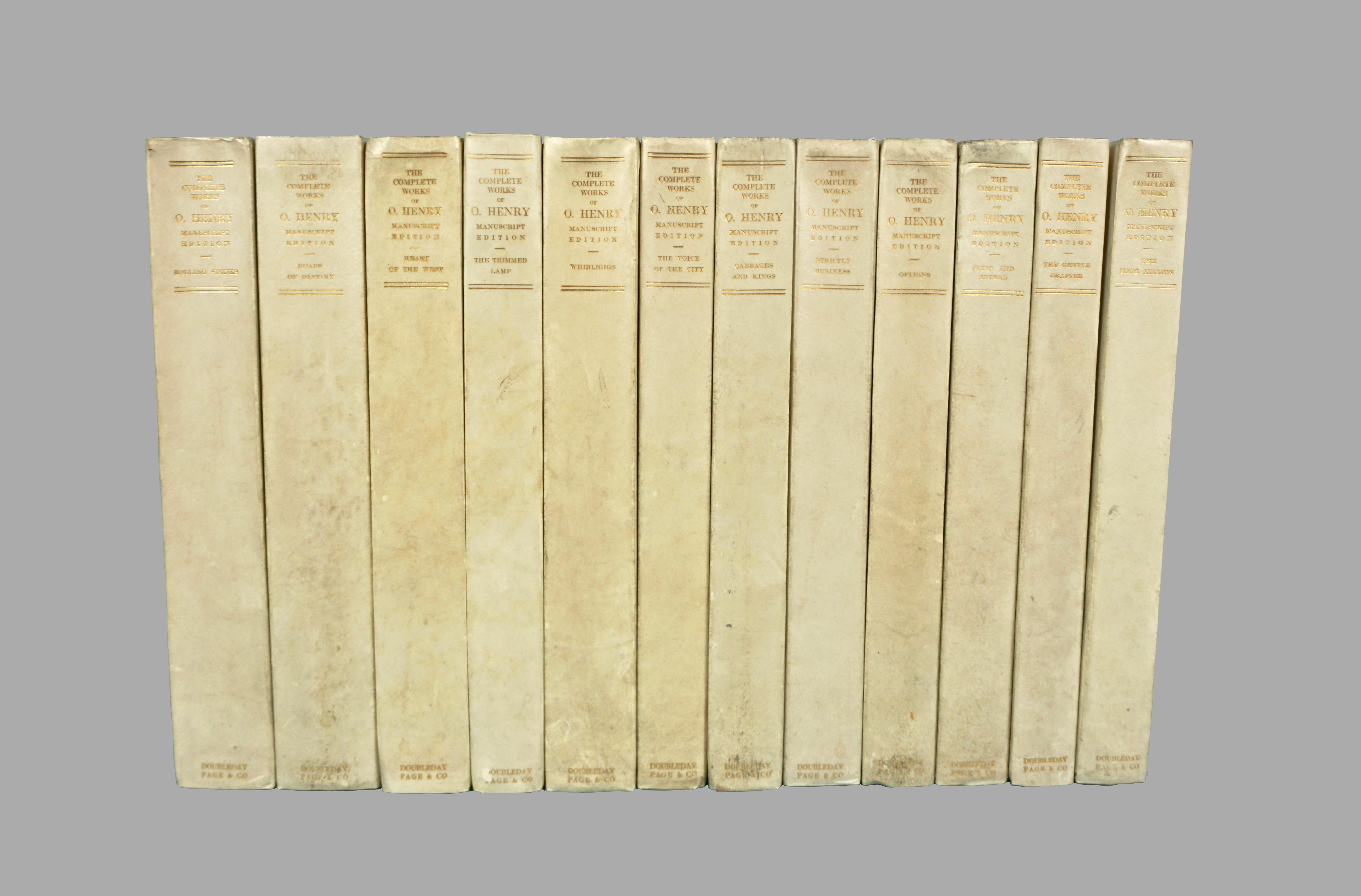 The complete works of O. Henry, manuscript edition, limited to 125 copies in 12 volumes bound in original half vellum. Published by Doubleday, Page & Company, Garden City New York, 1912. This edition contains 2 original pages in O. Henry's