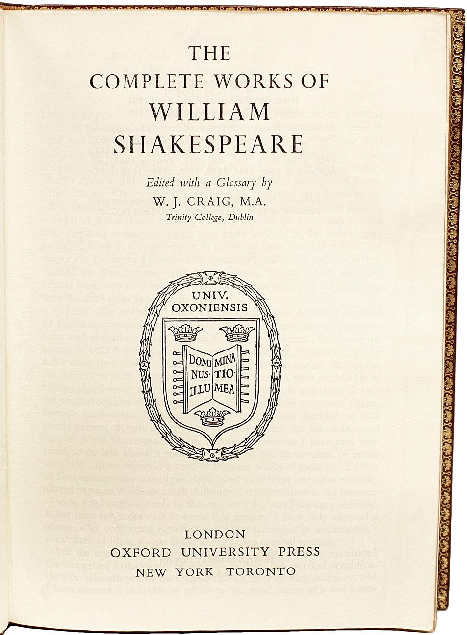 Mid-20th Century The Complete Works Of William Shakespeare. IN A FINE FULL LEATHER BINDING