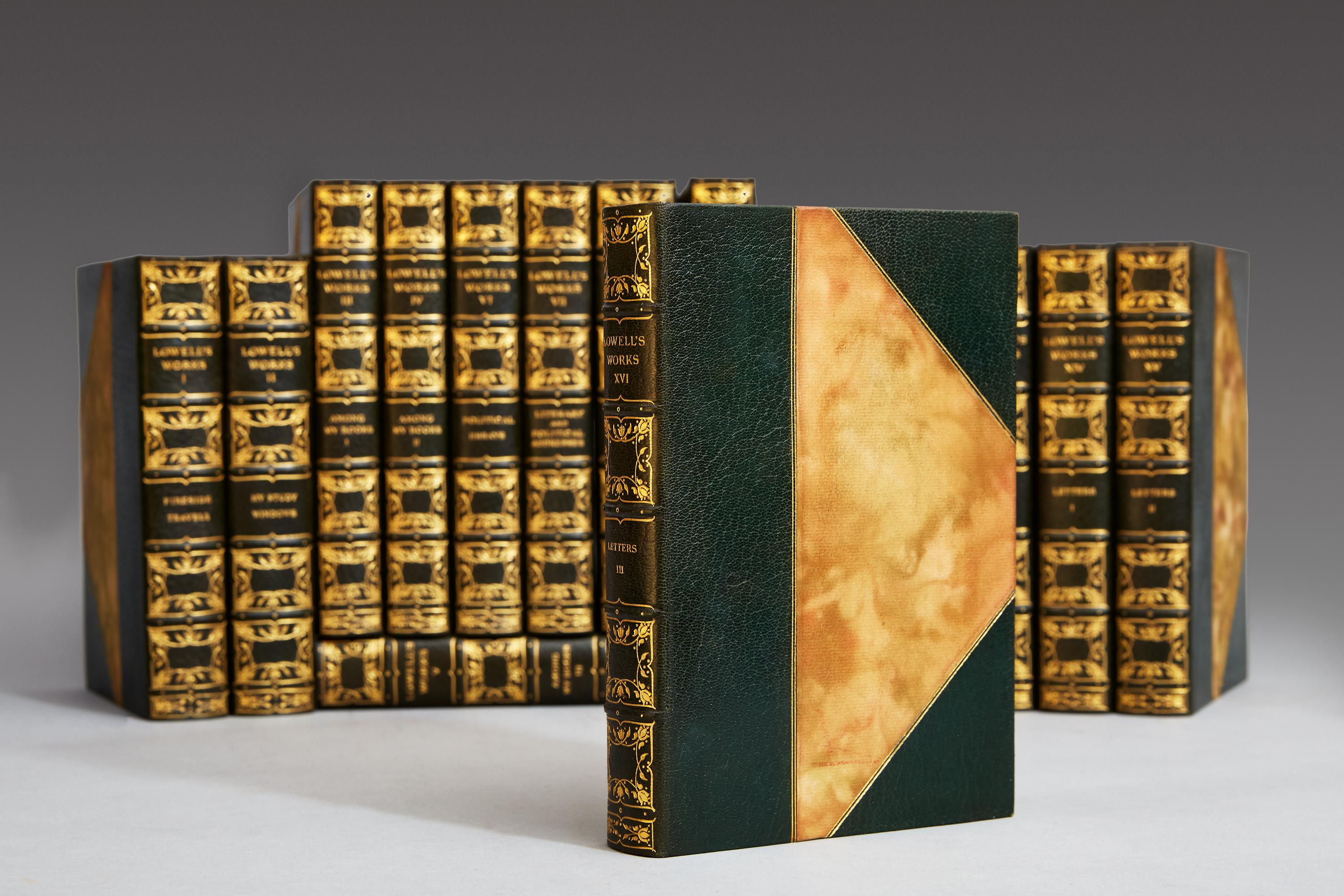 James R. Lowell

Cambridge: Riverside Press, 1904. 

Sixteen volumes. Octavo, three-quarter dark green morocco, gilt spines, top edges gilt. Illustrated with steel portraits and photogravures. 

A handsomely bound set in fine condition.