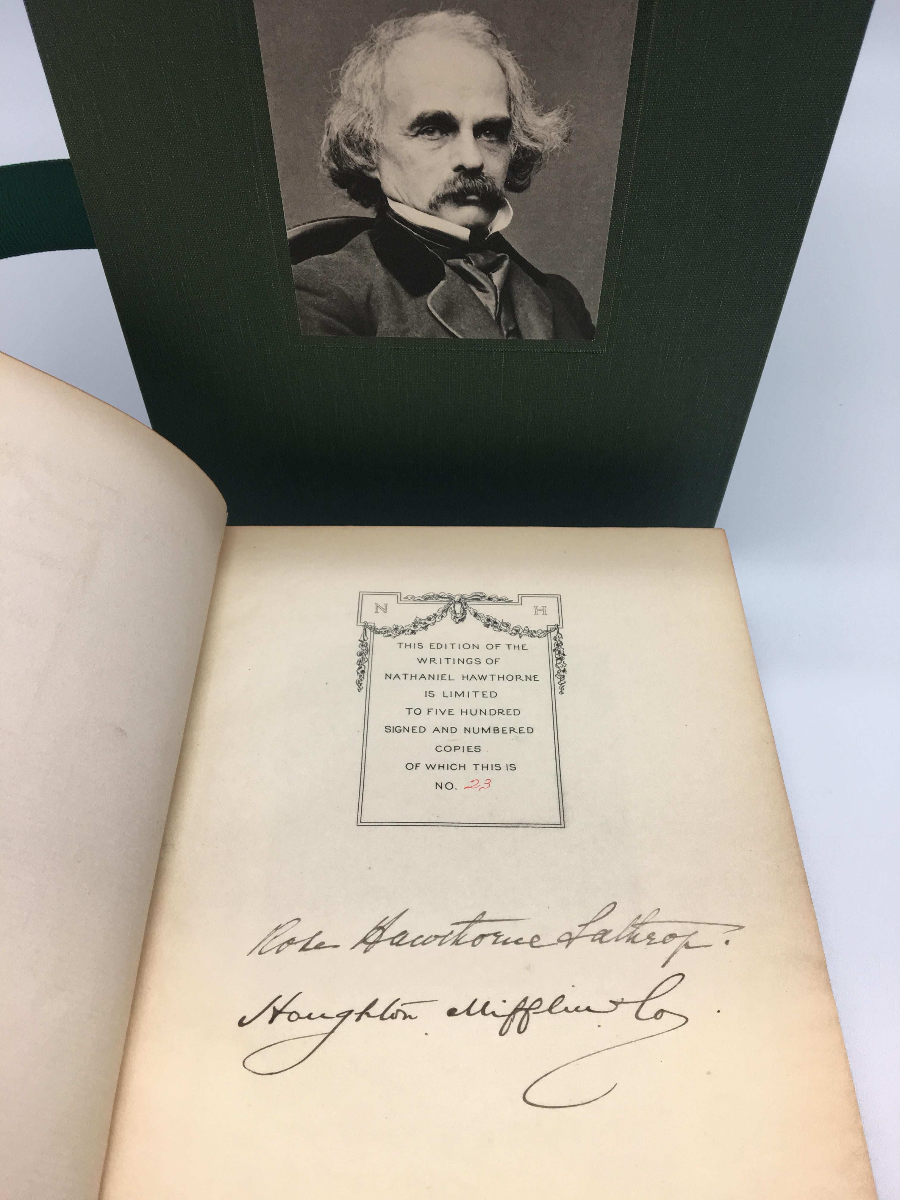 The Complete Writings of Nathaniel Hawthorne, Autograph Edition #23/500, 22 Vols., 1900

Hawthorne, Nathaniel, The Complete Writings of Nathaniel Hawthorne. Boston: Houghton, Mifflin & Company, 1900. 22 volume set, limited autograph edition, #23 of