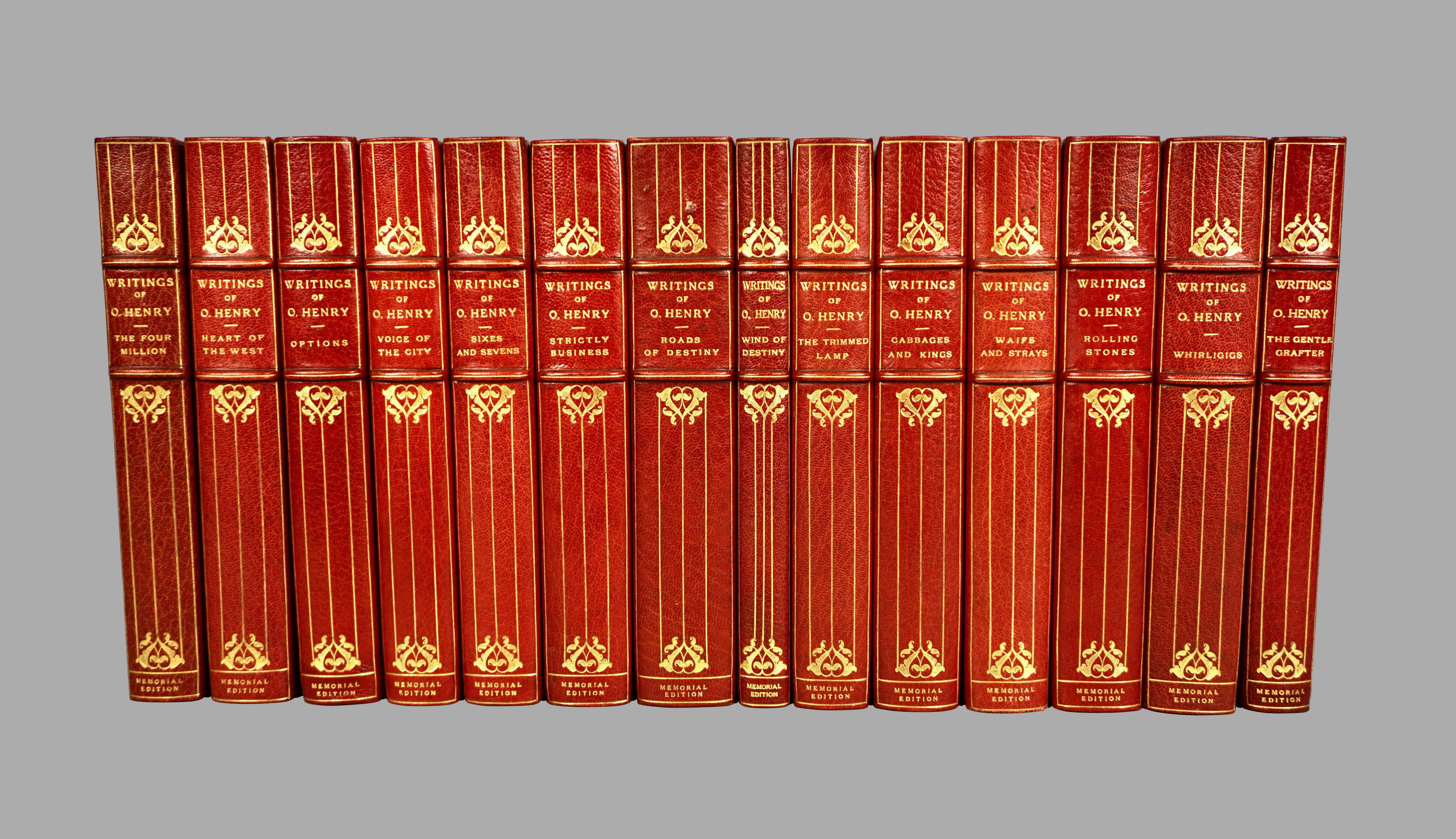 A very fine leather bound set of the complete writings of O. Henry in 14 red morocco 3/4 morocco and cloth boards with raised bands, gilt-panelled spines, the top edges gilt and illustrations by Gordon Grant. This lovely set was originally purchased