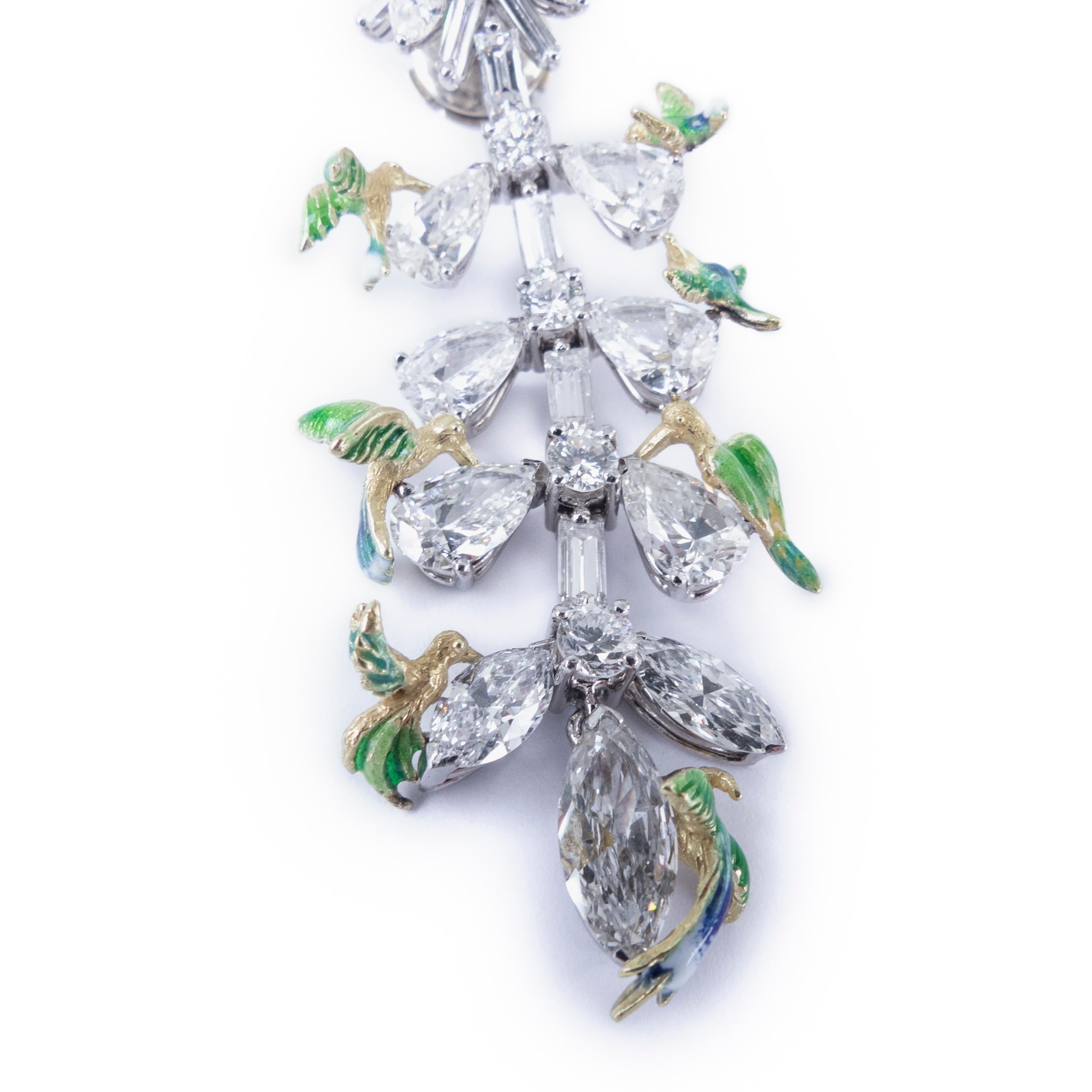 Modern The Conference of the Birds Earrings 18K Gold Fire Enamel Diamonds Pear Marquise For Sale