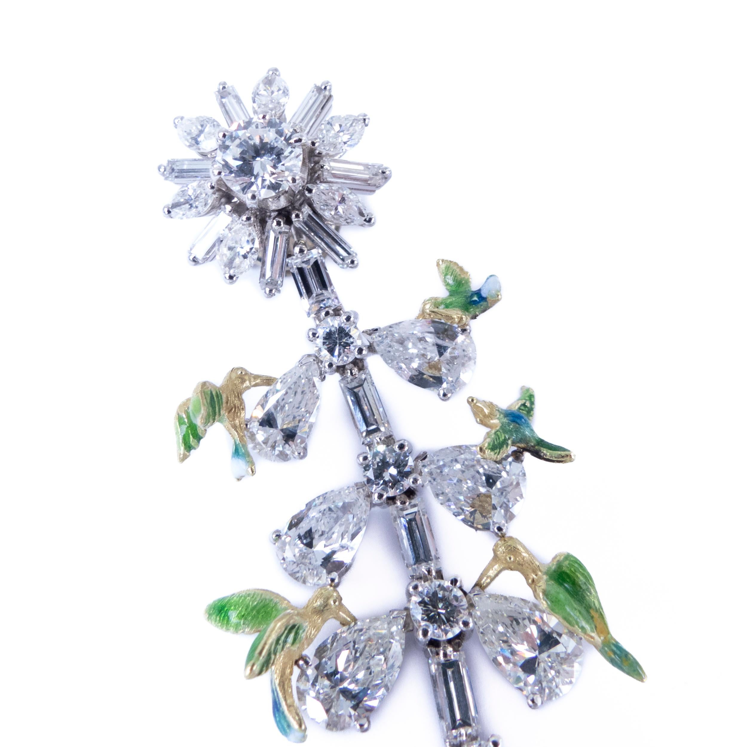 Marquise Cut The Conference of the Birds Earrings 18K Gold Fire Enamel Diamonds Pear Marquise For Sale