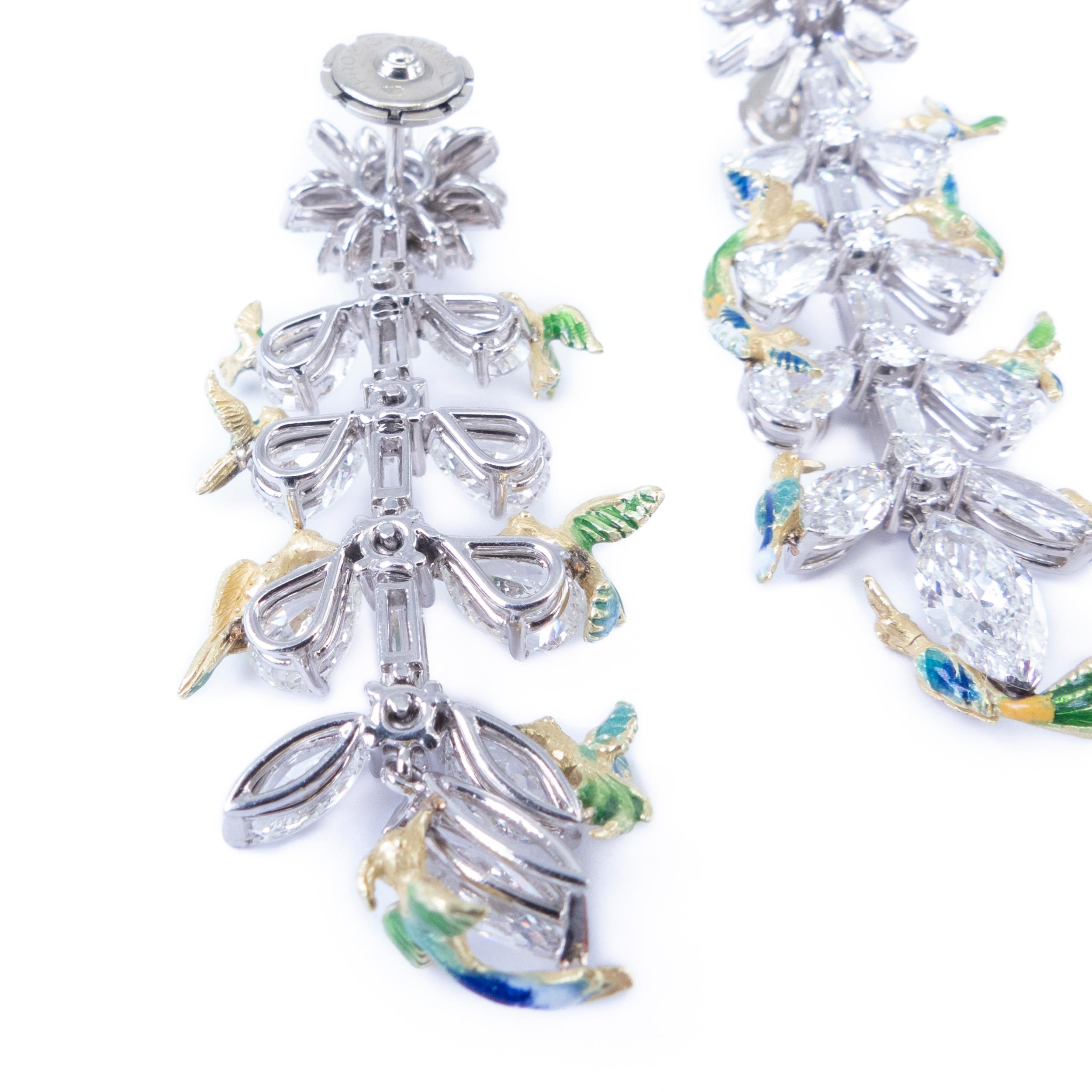 The Conference of the Birds Earrings 18K Gold Fire Enamel Diamonds Pear Marquise In New Condition For Sale In Valencia, ES