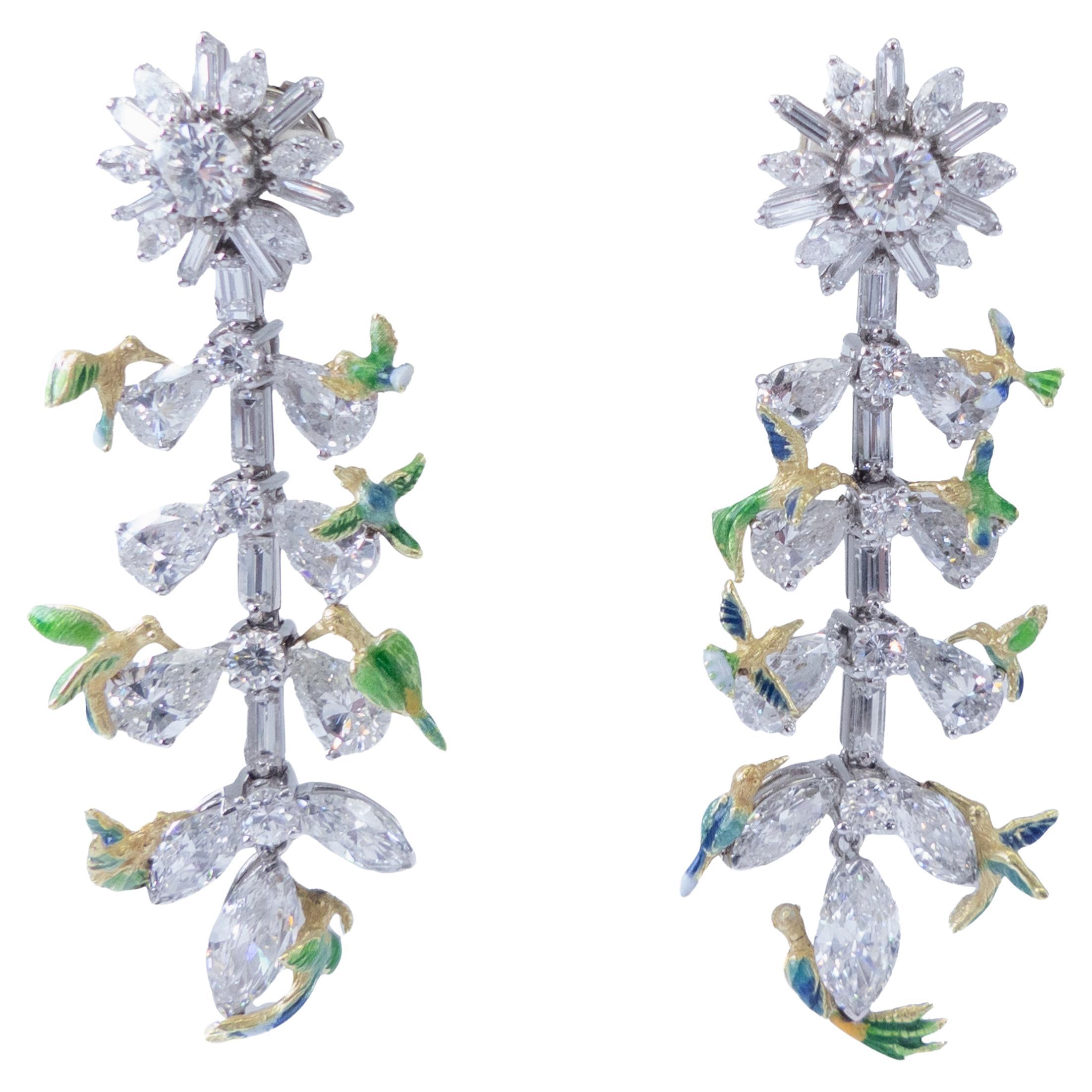 The Conference of the Birds Earrings 18K Gold Fire Enamel Diamonds Pear Marquise For Sale