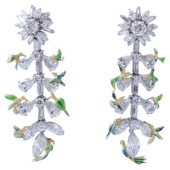 The Conference of the Birds Earrings 18K Gold Fire Enamel Diamonds Pear Marquise