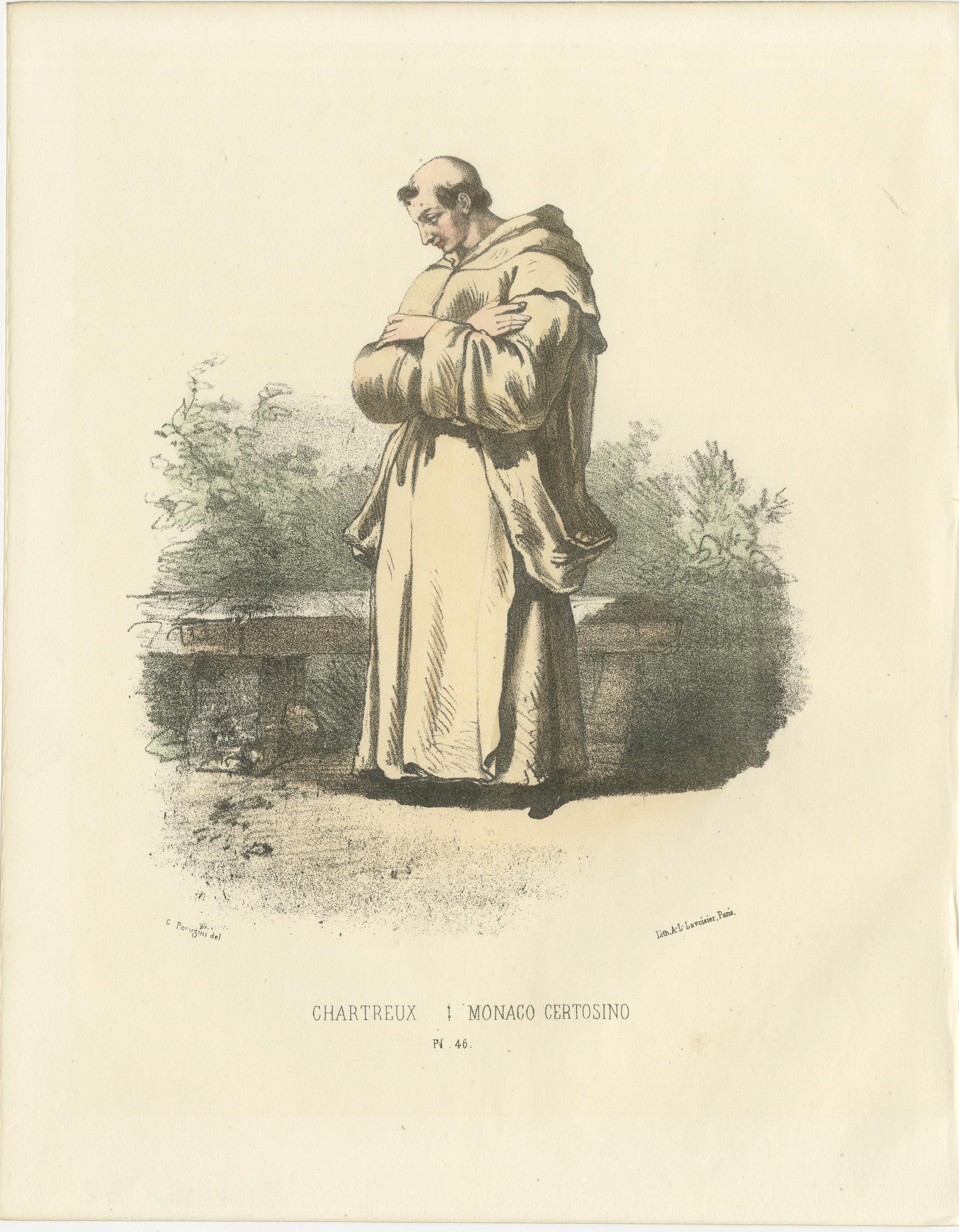 The Contemplative Silence: Chartreux Monk in Reverie, Plate 46, 1862  
 
This evocative hand-colored lithograph, 'The Contemplative Silence: Chartreux Monk in Reverie,' Plate 46 from *Album ou Collection Complète, et Historique des Costumes de la