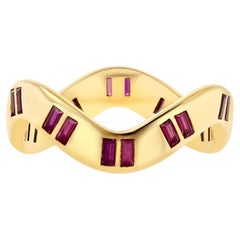 18k Solid Yellow Gold Wavey Ring with 1 Carat Natural Baguette Rubies