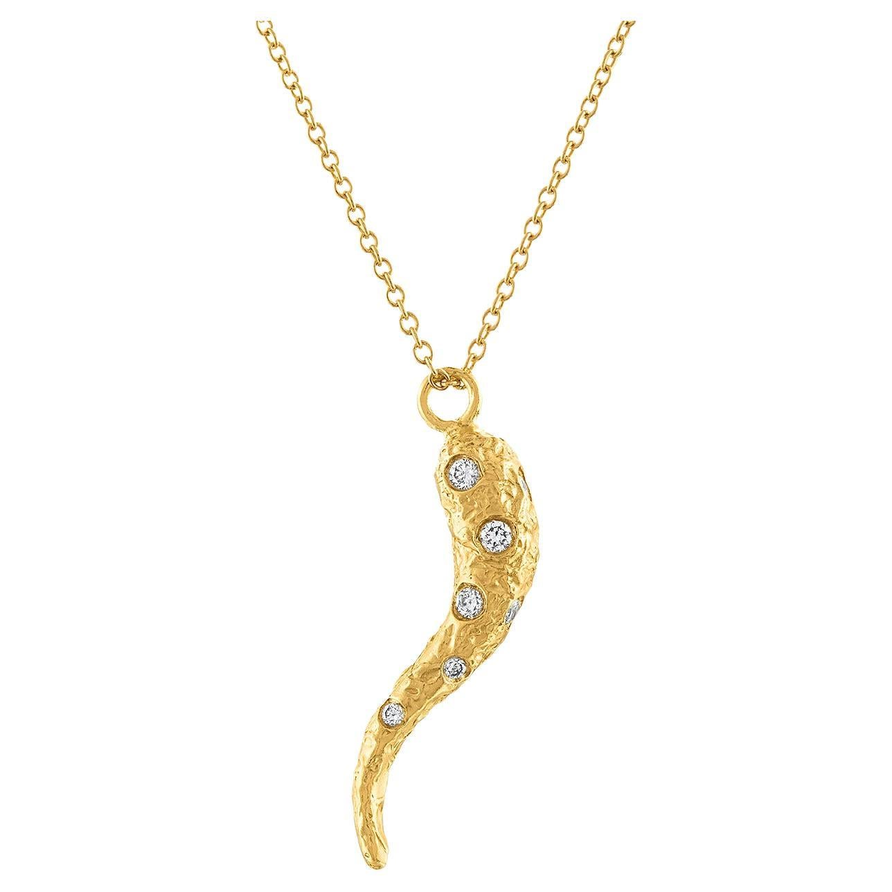 The Cornicello (Italian Horn) Diamond Necklace in 22k Gold For Sale