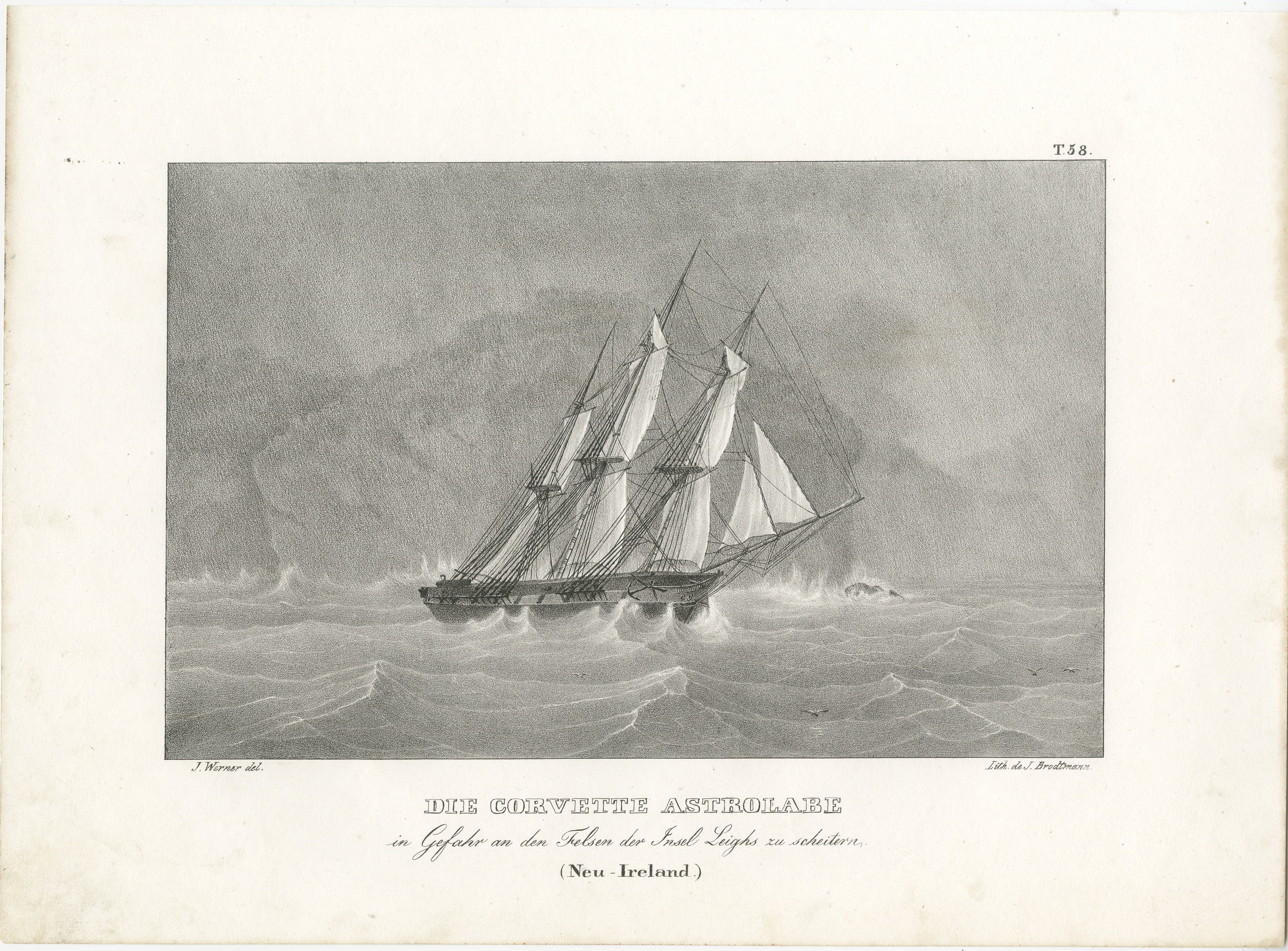 The Corvette Astrolabe in Peril at the Rocks near Legh Island (New Ireland)

This engraving depicts the dramatic moment when the French corvette Astrolabe encounters perilous seas near the rocky shores of Legh Island, New Ireland. The scene