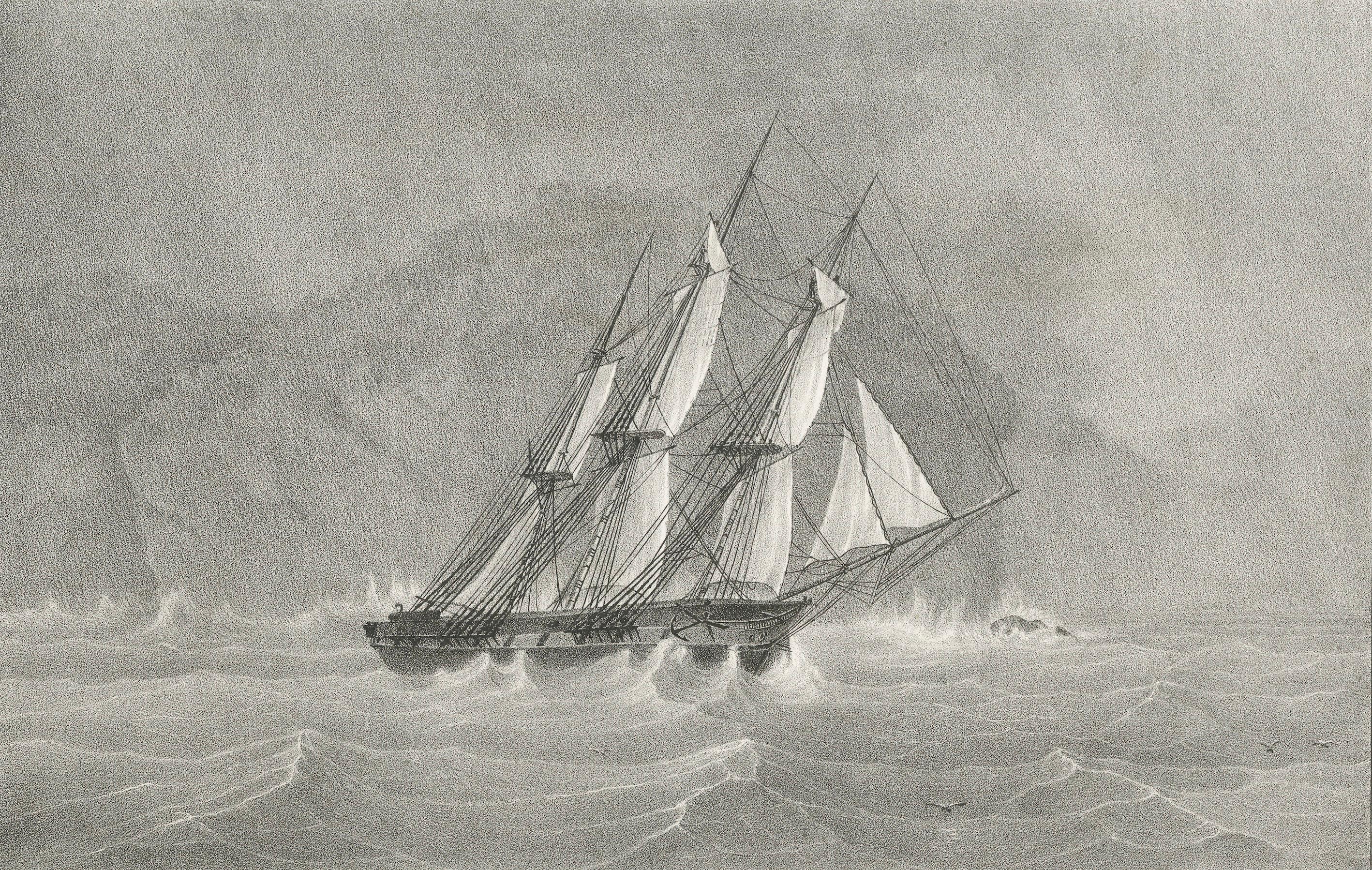 Mid-19th Century The Corvette Astrolabe in Peril at the Rocks near Legh Island (New Ireland) 1836 For Sale