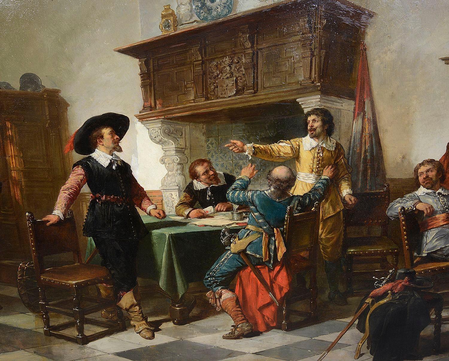 Huile sur toile, 'Le Councill de la guerre' Signé.

Herman Ten Kate était un peintre du XIXe siècle du genre historique néerlandais. Il était l'un des membres les plus éminents d'un groupe de peintres qui s'appuyaient largement sur les anciens