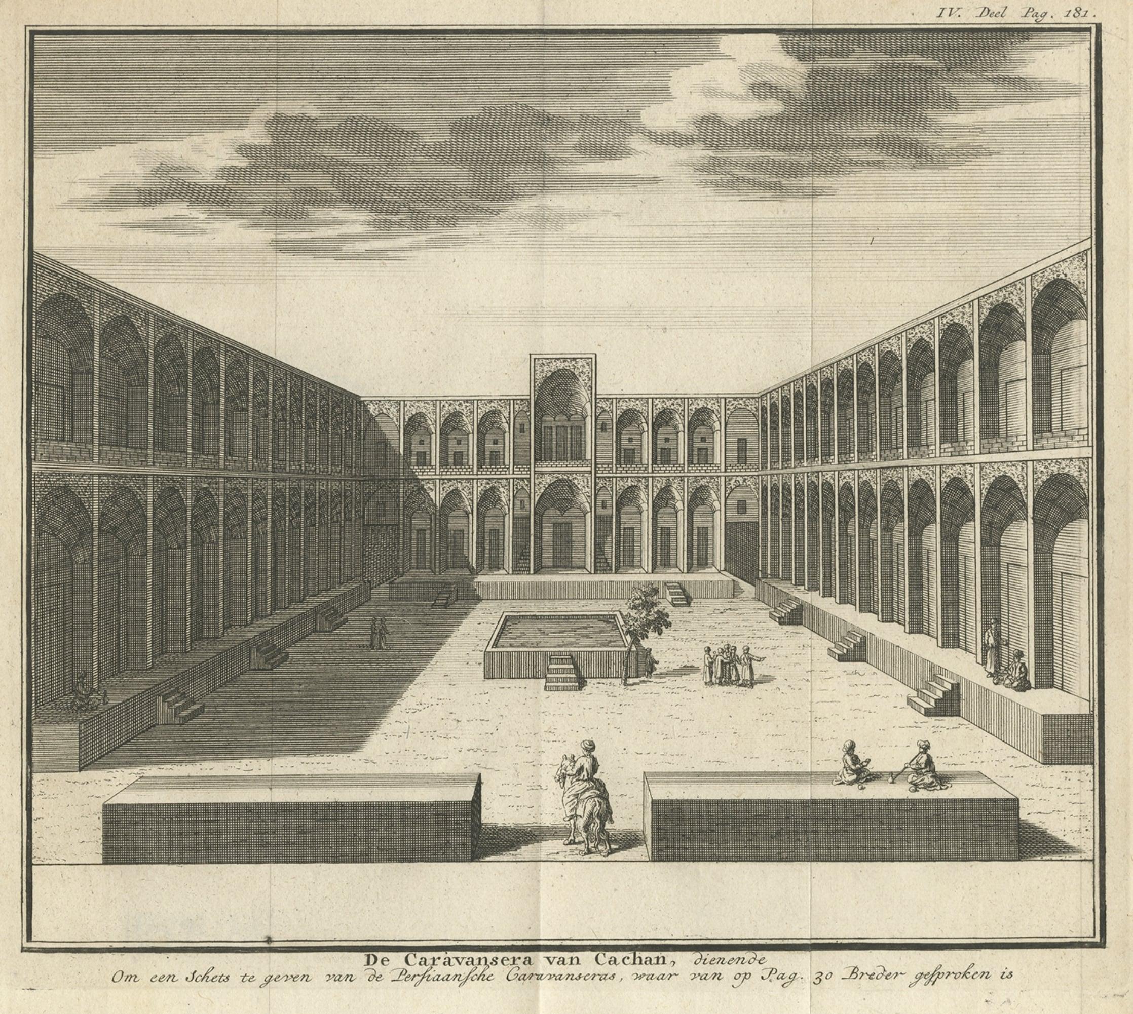 Antique print titled 'De Caravansera van Cachan'. 

View of the courtyard of the caravansery in Kashan (Isphahan province in Iran). A caravansery is an inn for merchants in the East. This print originates from a Dutch edition of Th. Salmon's