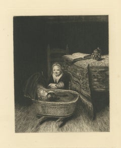 The Cradle after Nicolaes Maes, Antique Dutch Interior Etching, circa 1875