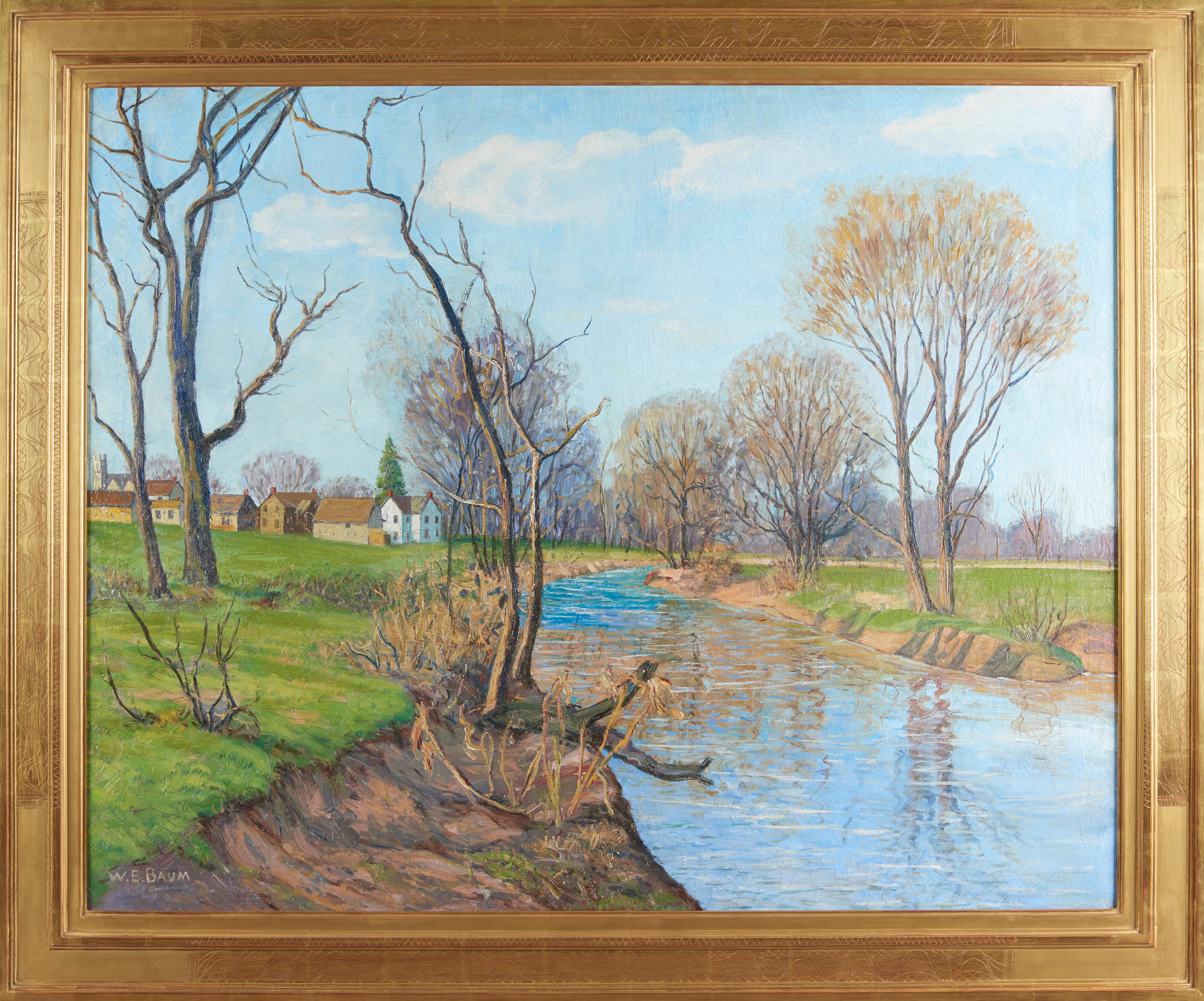 Large oil on canvas painting of a landscape with a creek and several houses. Titled 
