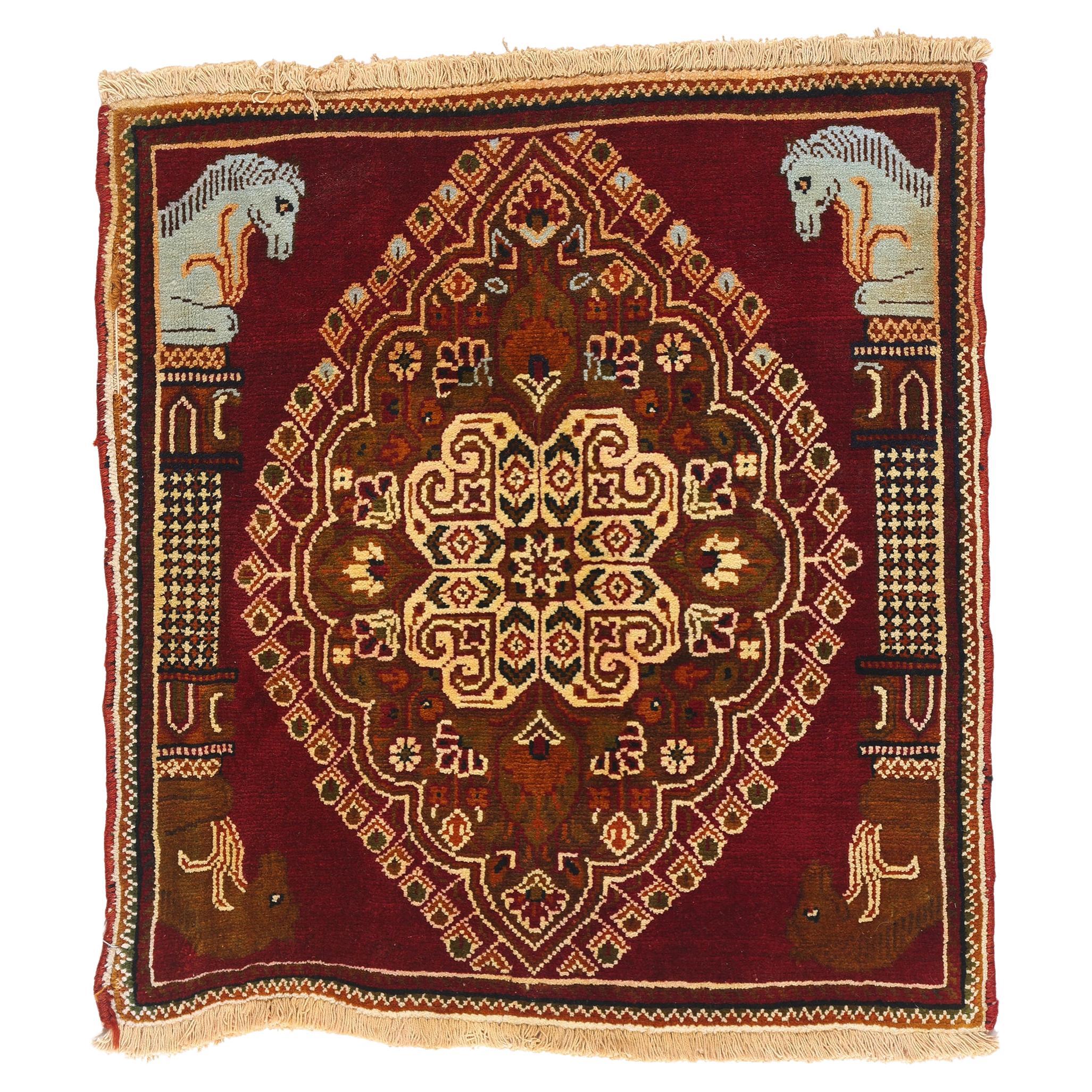 The Crimson Cavalier Emblem: Vintage Shiraz Masterpiece of Noble Tribal Elegance For Sale