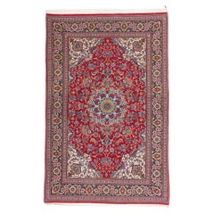 The Crimson Court: A Vintage Persian Qum Rug of Regal Splendor