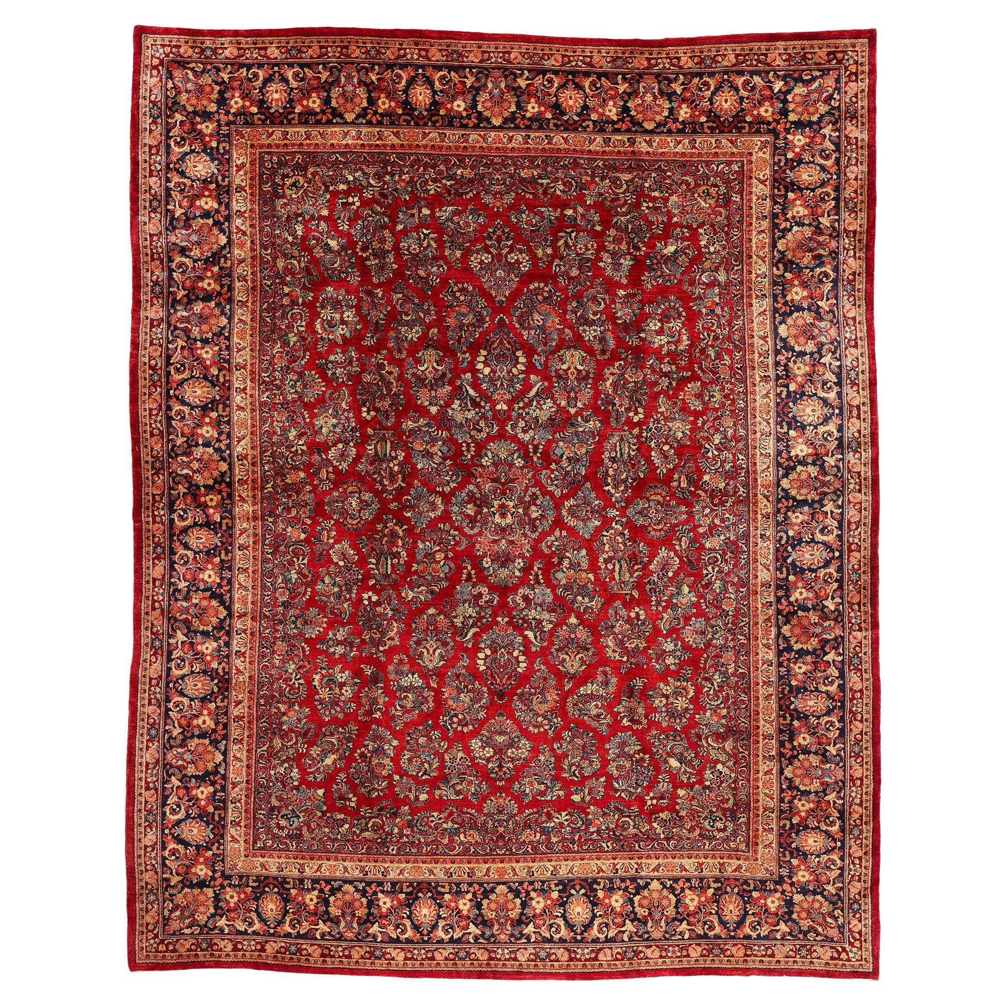 The Crimson Heirloom: Antique Persian Sarouk Masterpiece of Timeless Grandeur For Sale