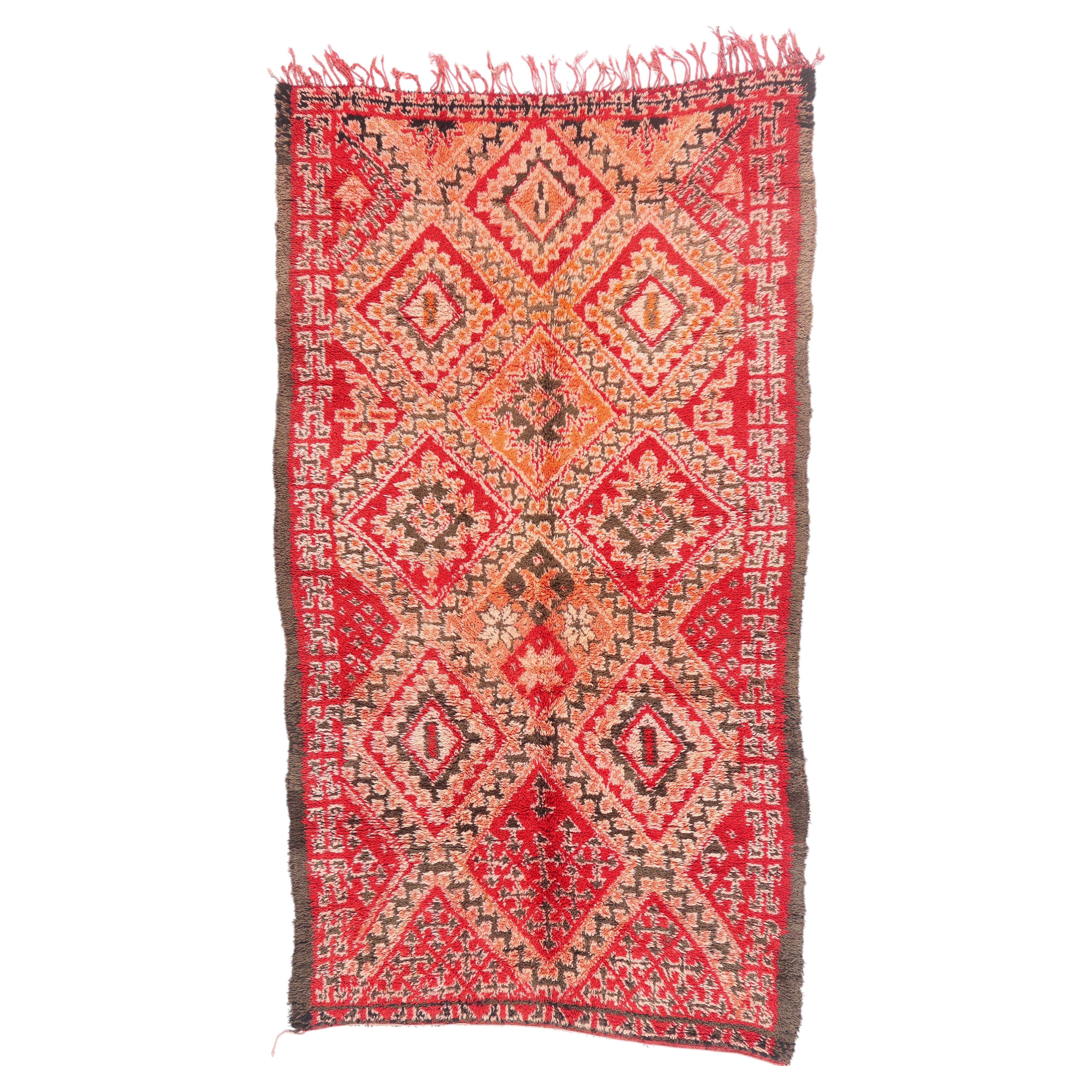 The Crimson Kasbah: A Vintage Beni M'Guild Moroccan Masterpiece of Noble Grace For Sale