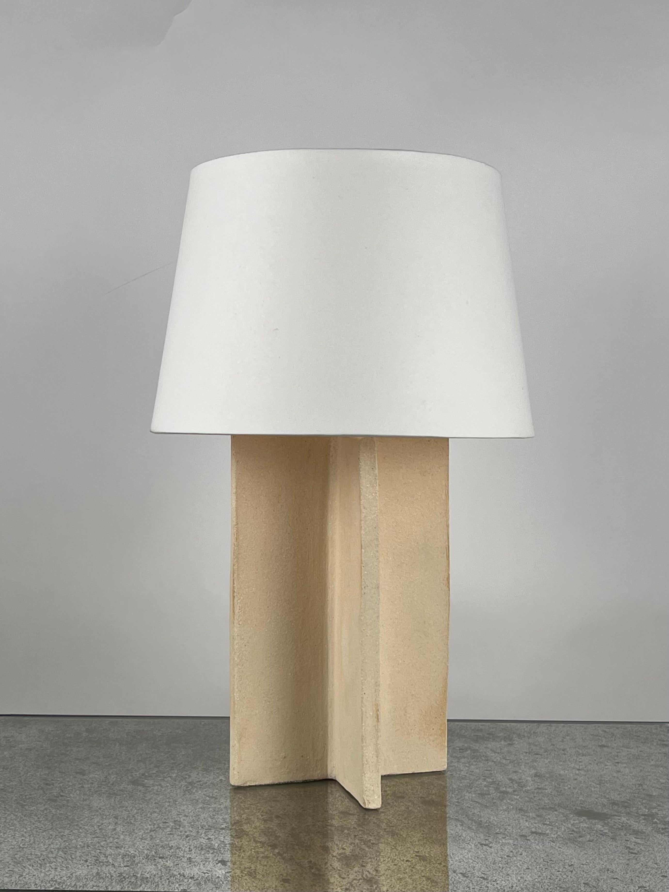 French The 'Croisillon' Cream Ceramic Lamp with Parchment Shade by Design Frères For Sale
