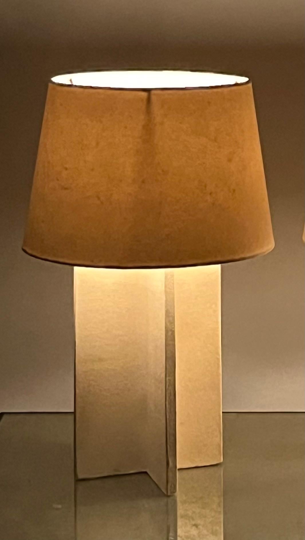 The 'Croisillon' Cream Ceramic Lamp with Parchment Shade by Design Frères In New Condition For Sale In Los Angeles, CA