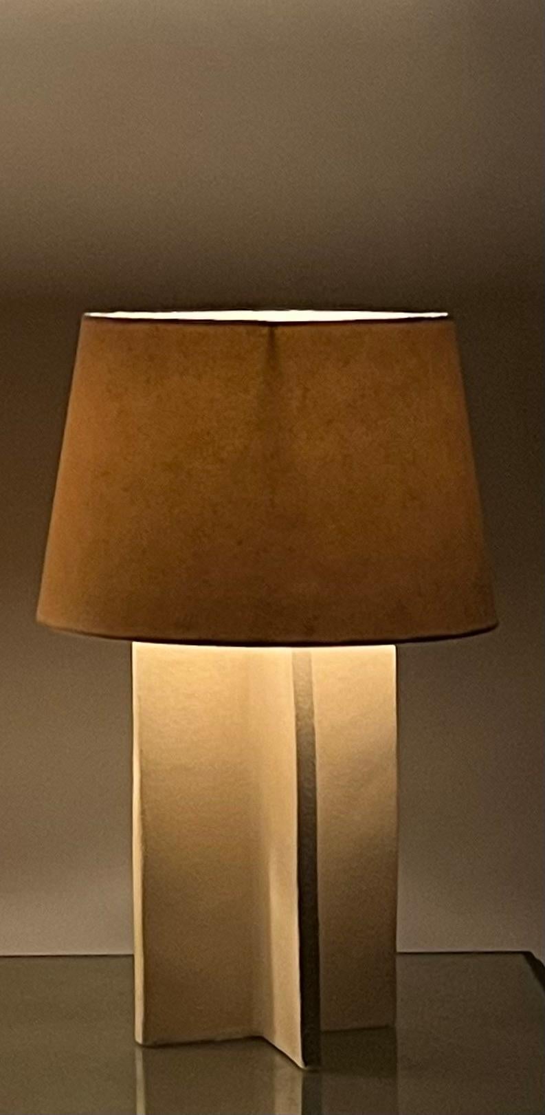 Contemporary The 'Croisillon' Cream Ceramic Lamp with Parchment Shade by Design Frères For Sale