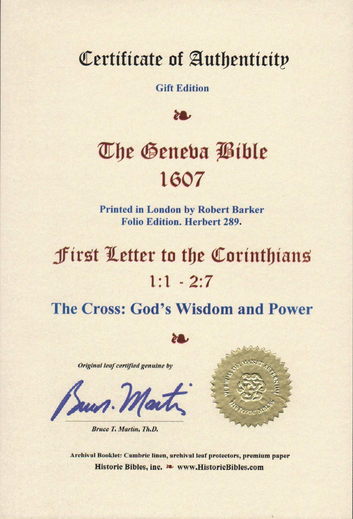 Hand-Crafted The Cross: God's Wisdom and Power, 1 Corinthians, 1607 Geneva Bible Leaf For Sale