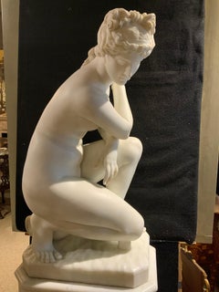 Crouching Venus Antique Carved Marble Sculpture Signed P. Bazzanti, Florence